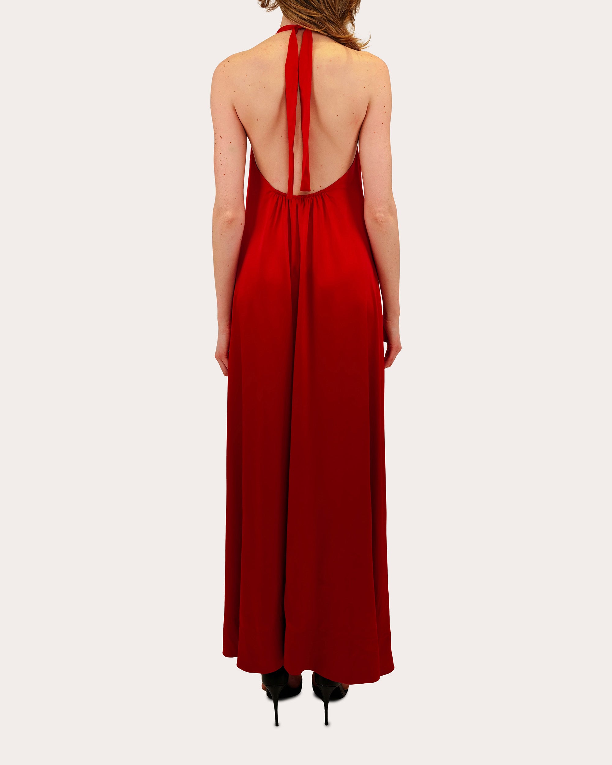 Liora Satin High-Low Halter Maxi Dress