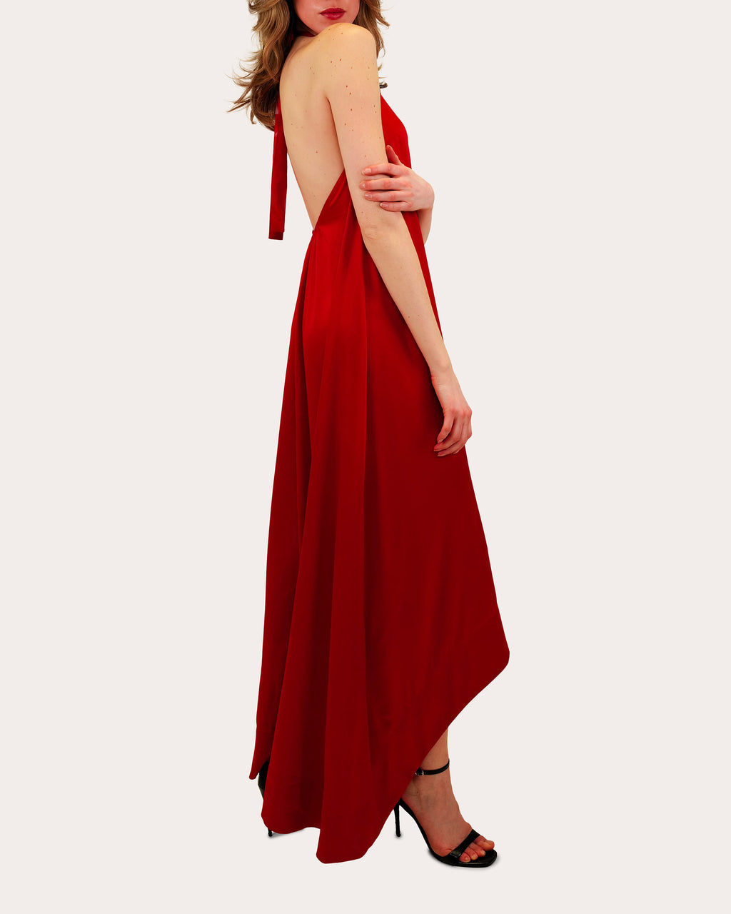 Liora Satin High-Low Halter Maxi Dress