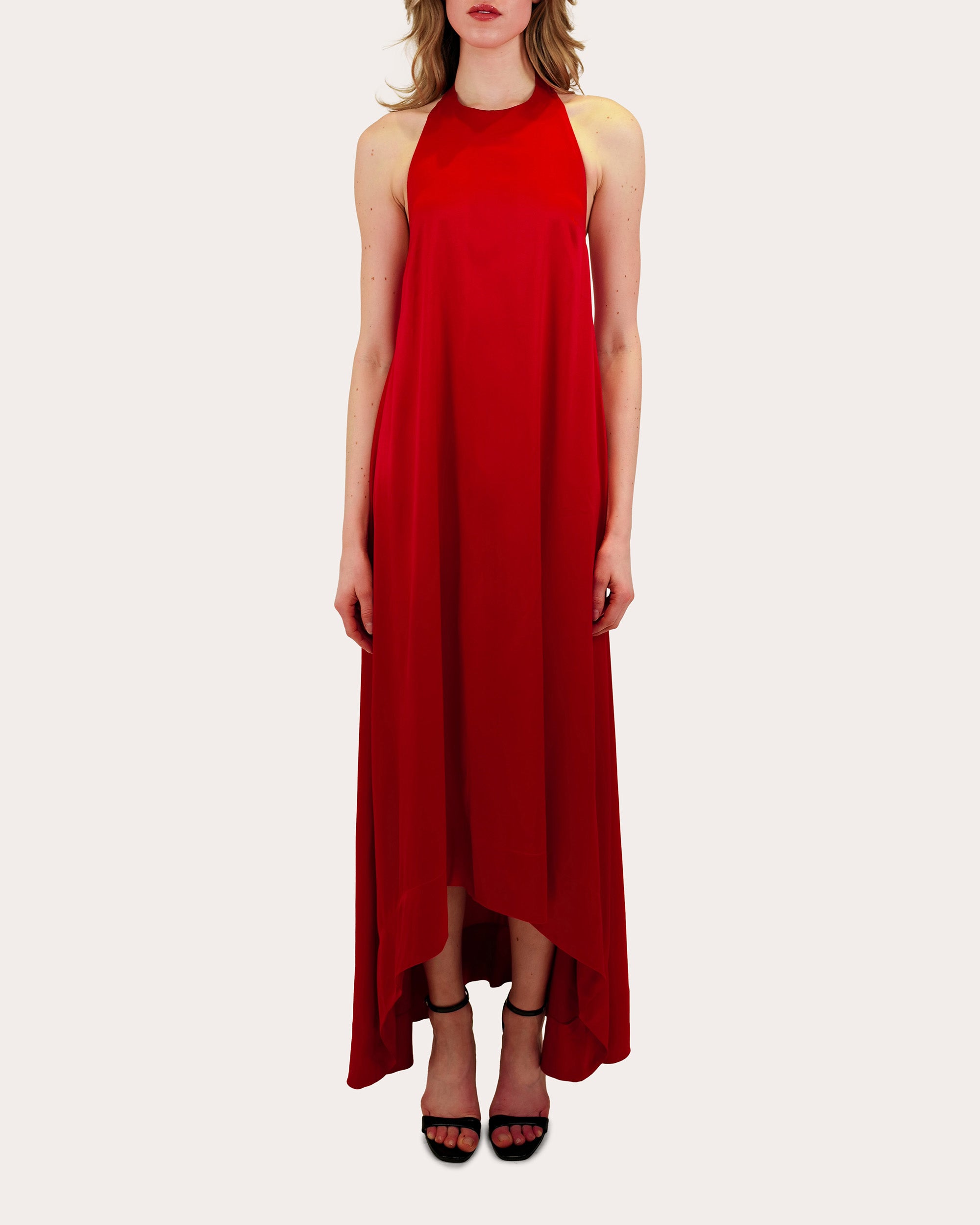 Liora Satin High-Low Halter Maxi Dress