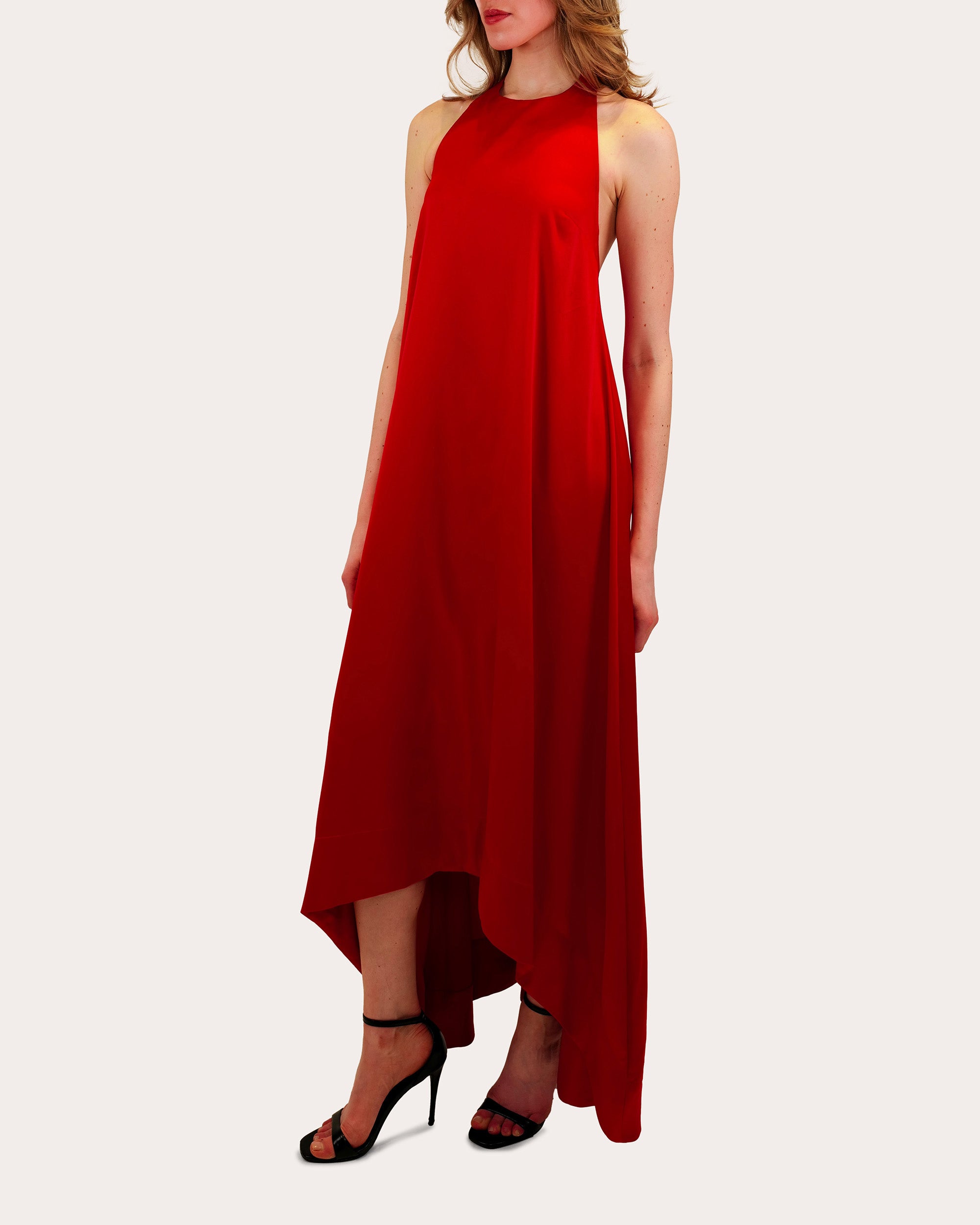 Liora Satin High-Low Halter Maxi Dress