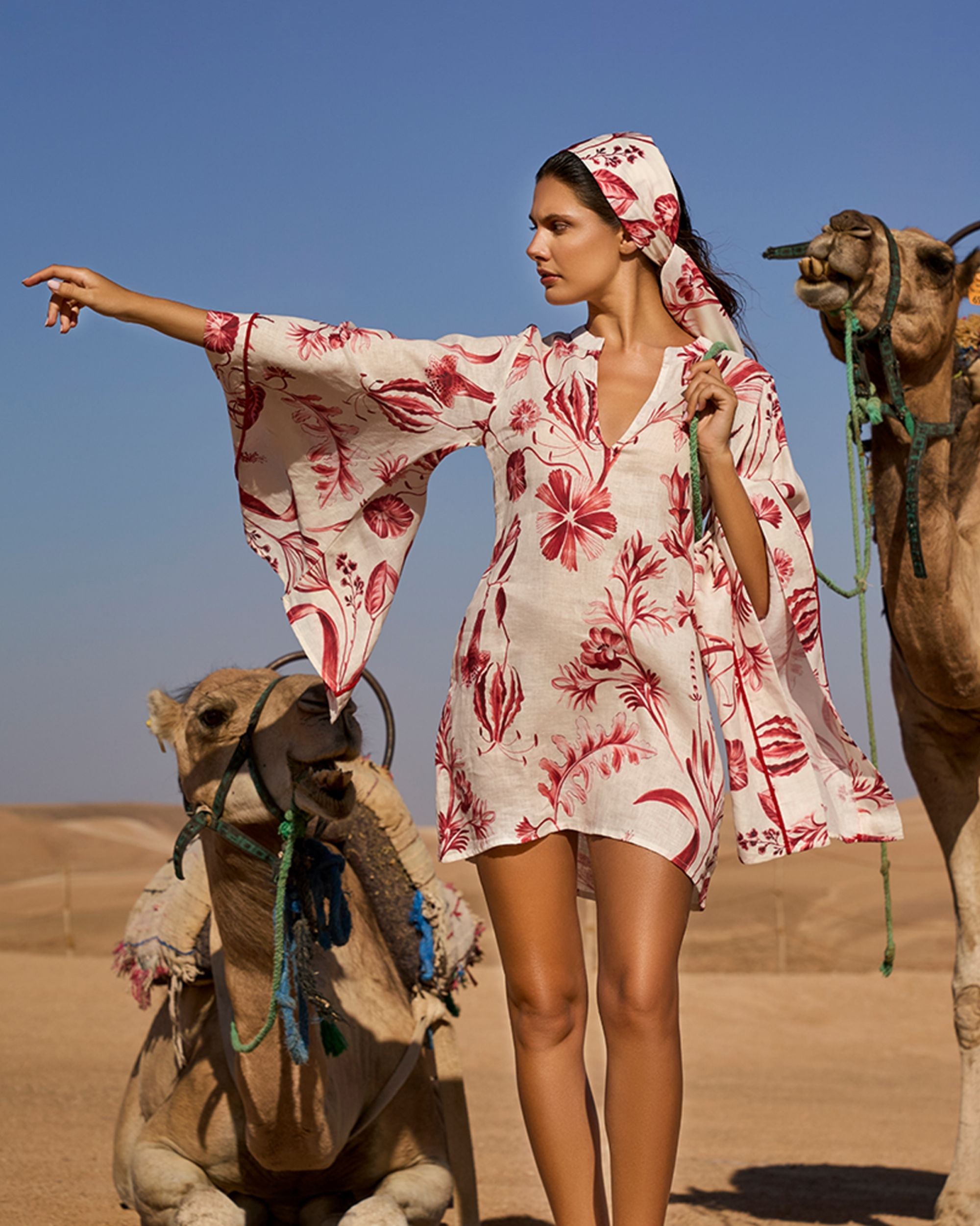 Aguaclara Women's La Vie Rouge Linen Kaftan Mini Dress in Red Size Medium