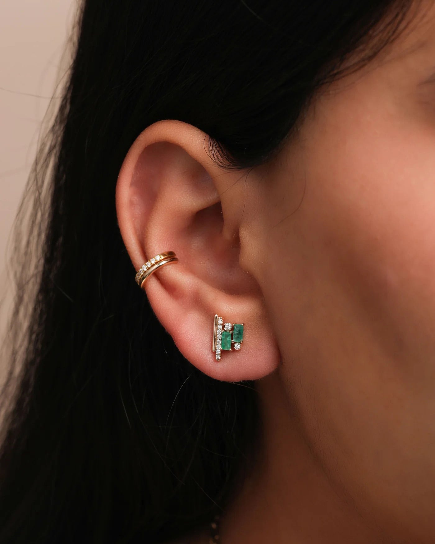 Diamond & Emerald 14k Gold Ethereal Stud Earrings