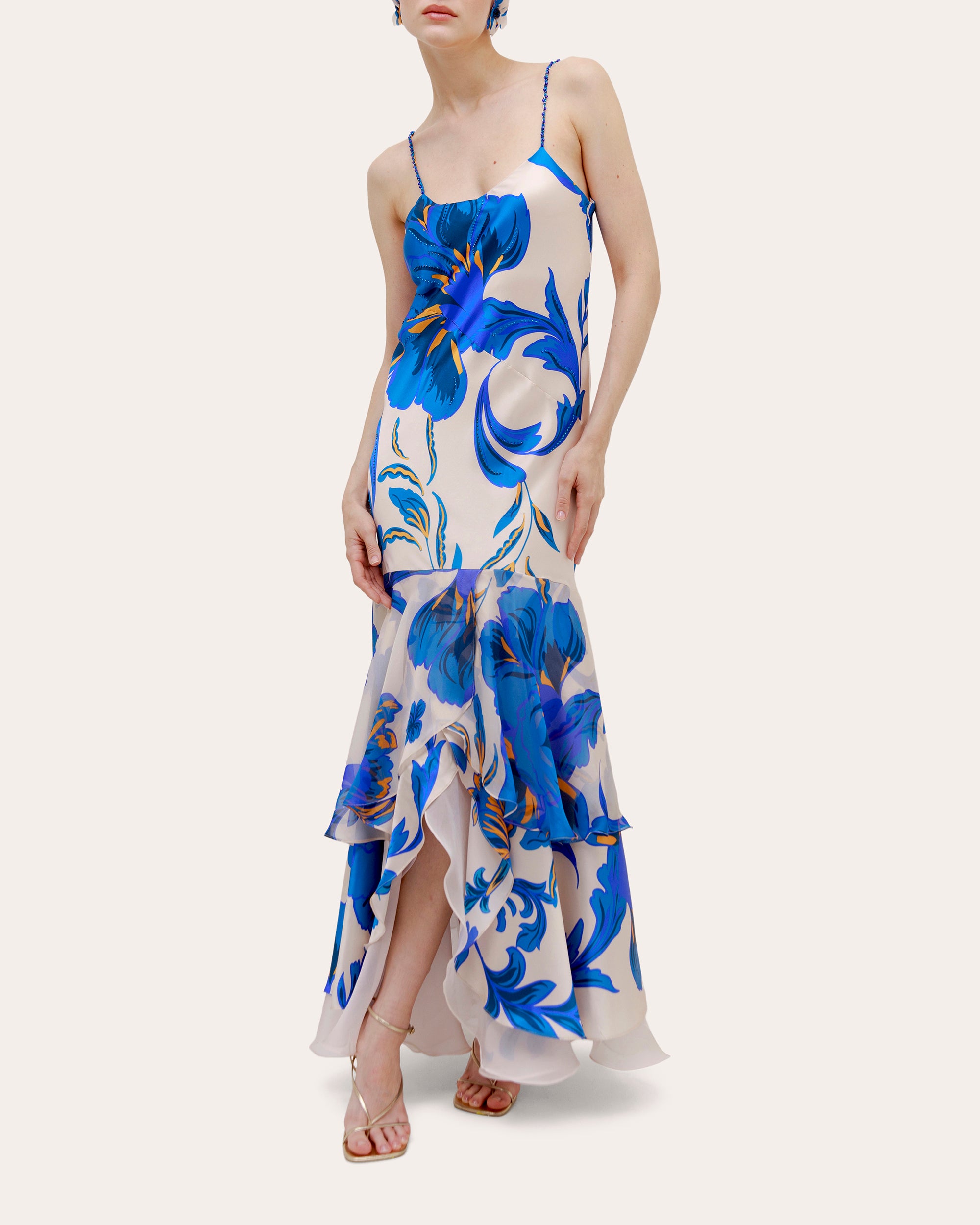 chinese dress ladies Women's You Tell Me Tan Textured Floral Print Chiffon Drop Waist Maxi Dress | Size: M main image 1