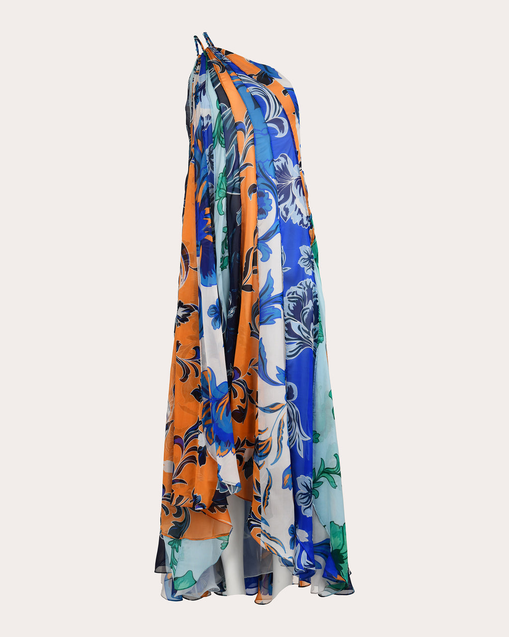 Iris Floral Silk Chiffon Asymmetric Paneled Maxi Dress