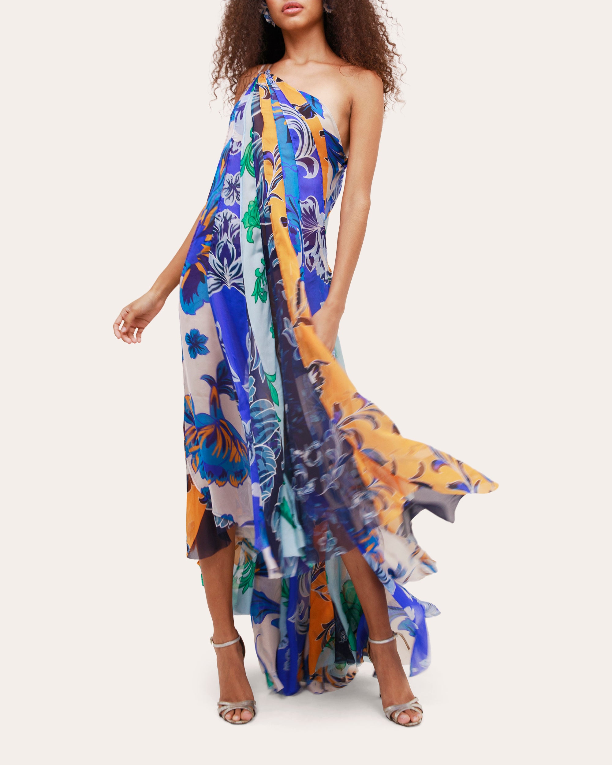 Iris Floral Silk Chiffon Asymmetric Paneled Maxi Dress