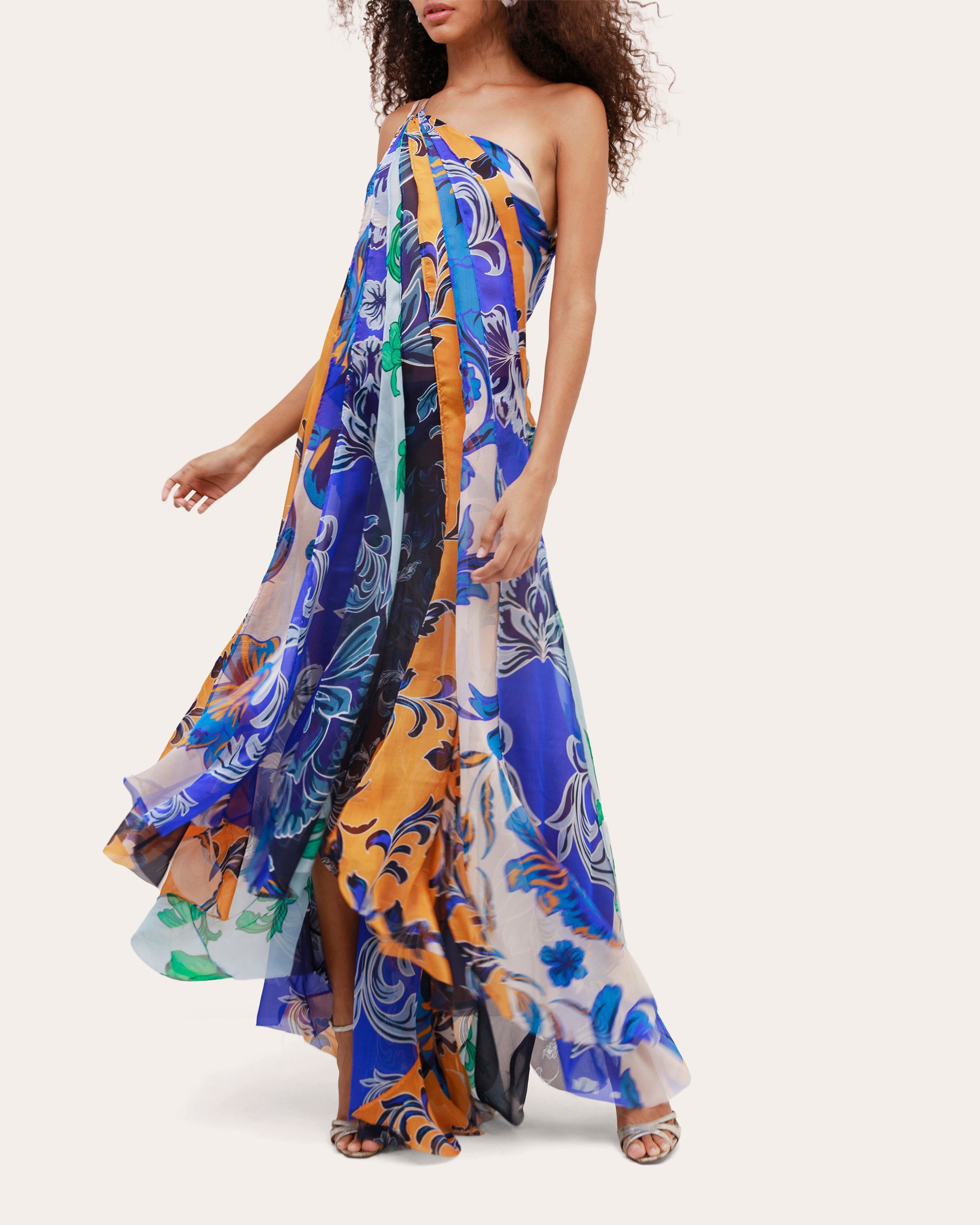 Iris Floral Silk Chiffon Asymmetric Paneled Maxi Dress