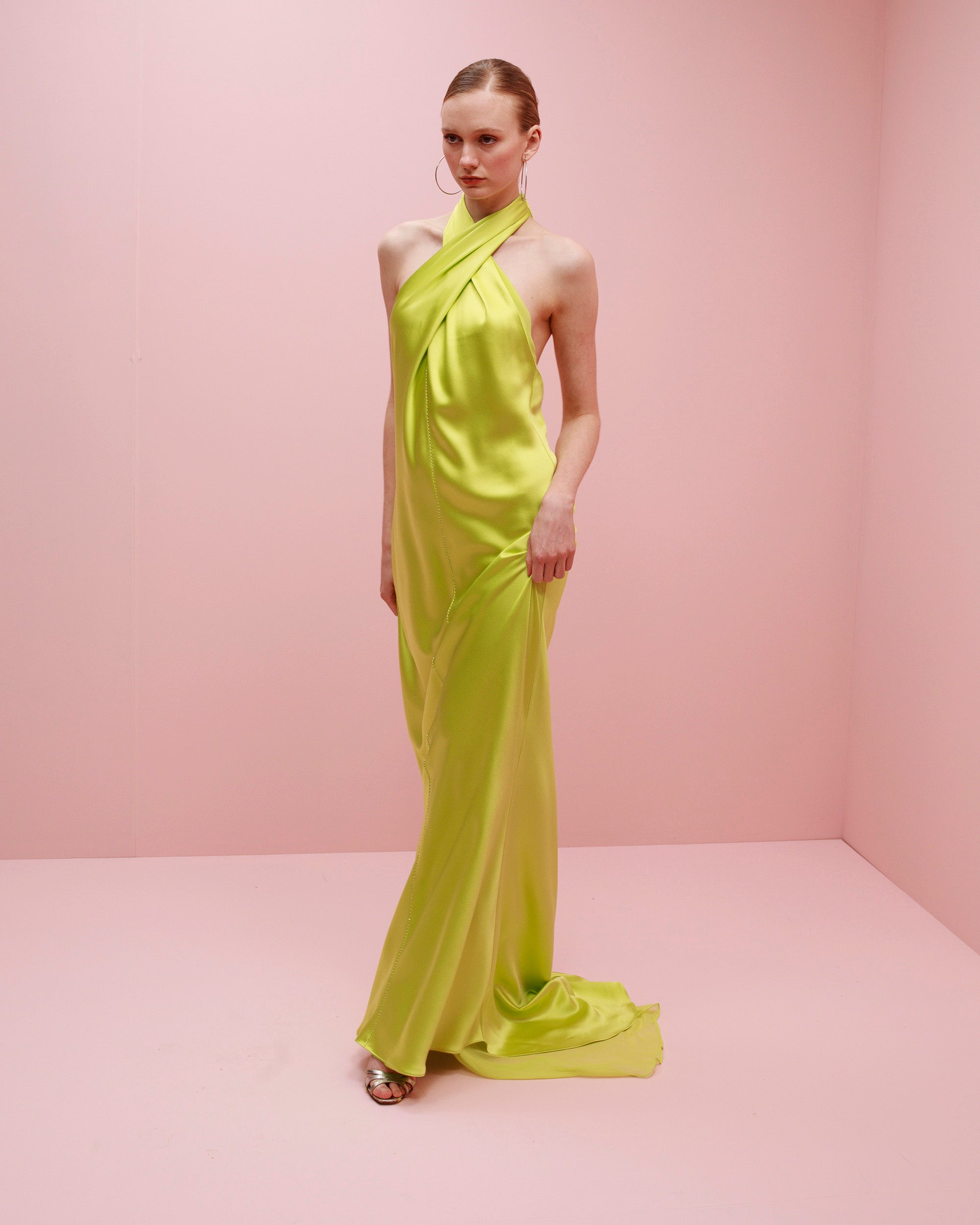 Olivia Embroidered Silk Bias Halter Maxi Dress