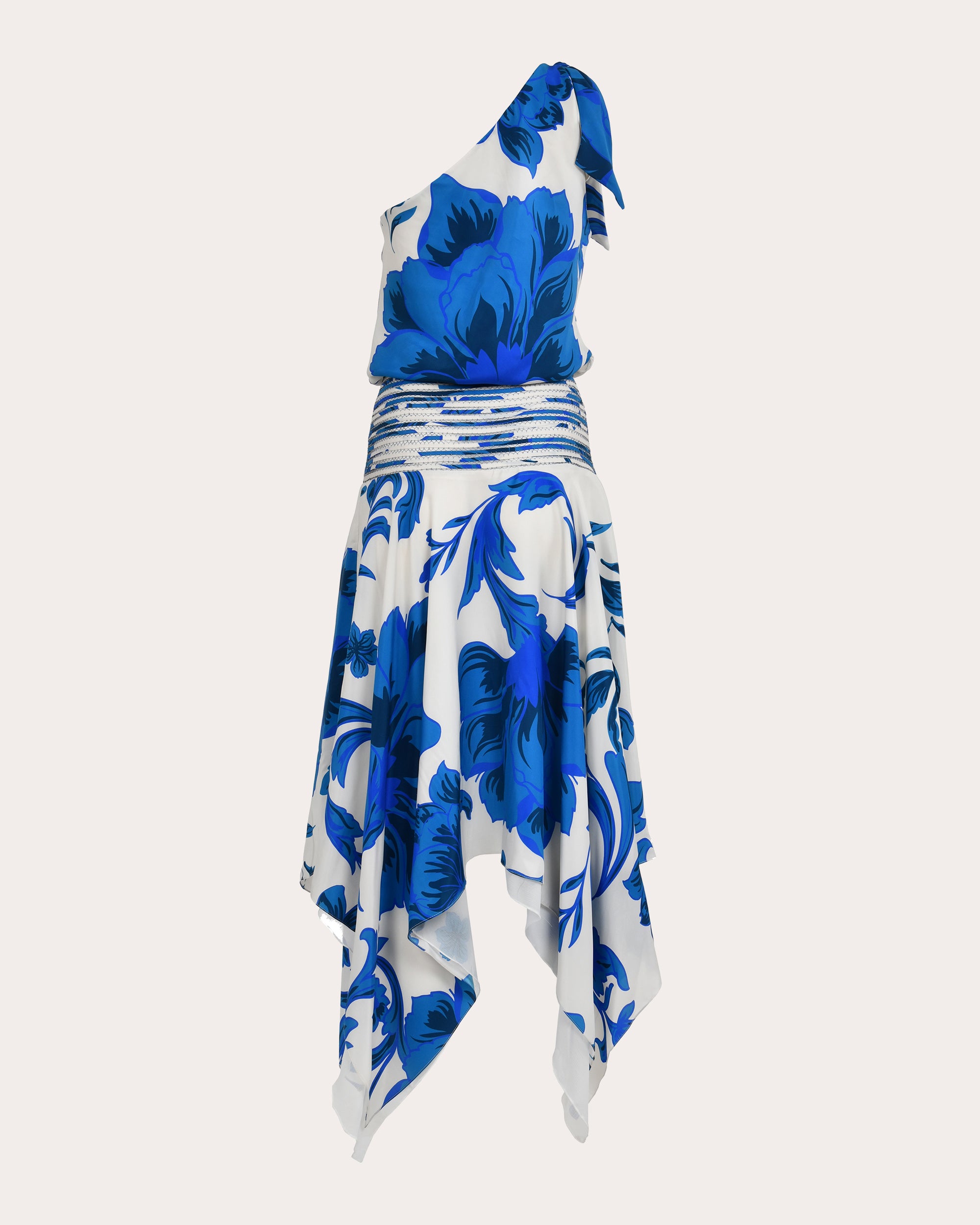 Halia Floral Silk Pata de Cabra Asymmetric Midi Dress