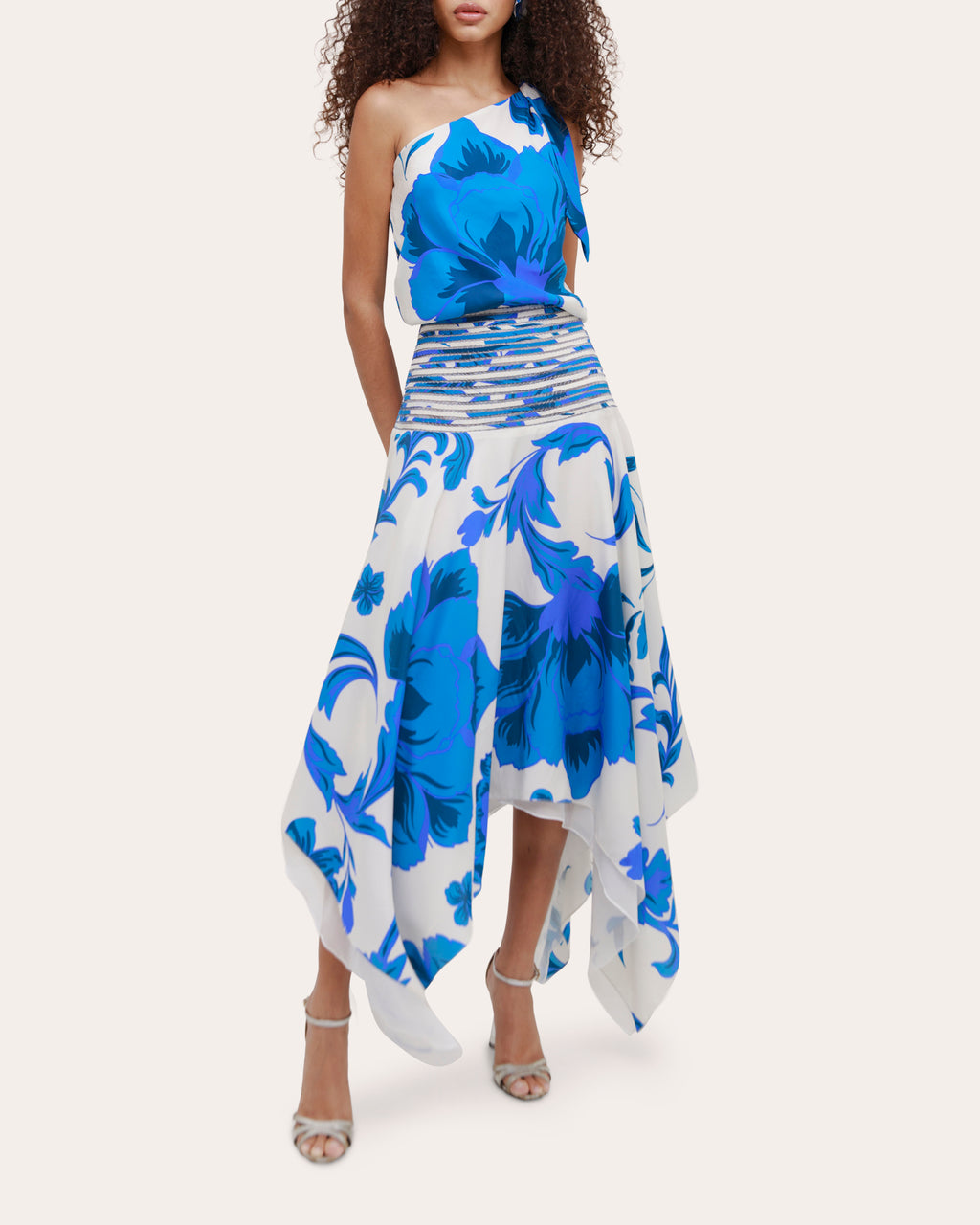 Halia Floral Silk Pata de Cabra Asymmetric Midi Dress