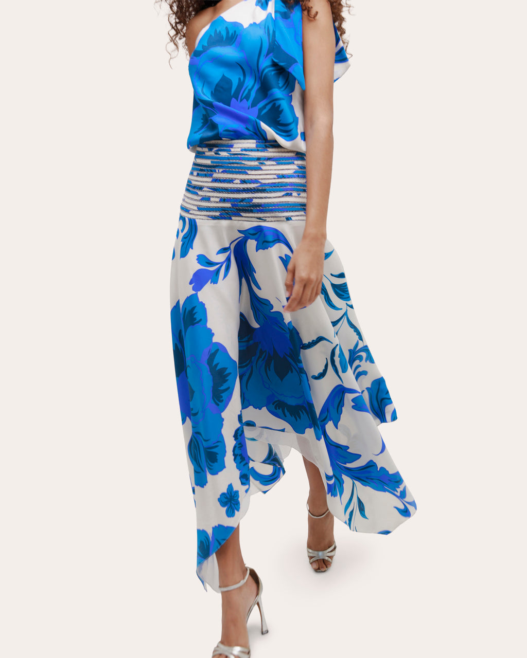 Halia Floral Silk Pata de Cabra Asymmetric Midi Dress
