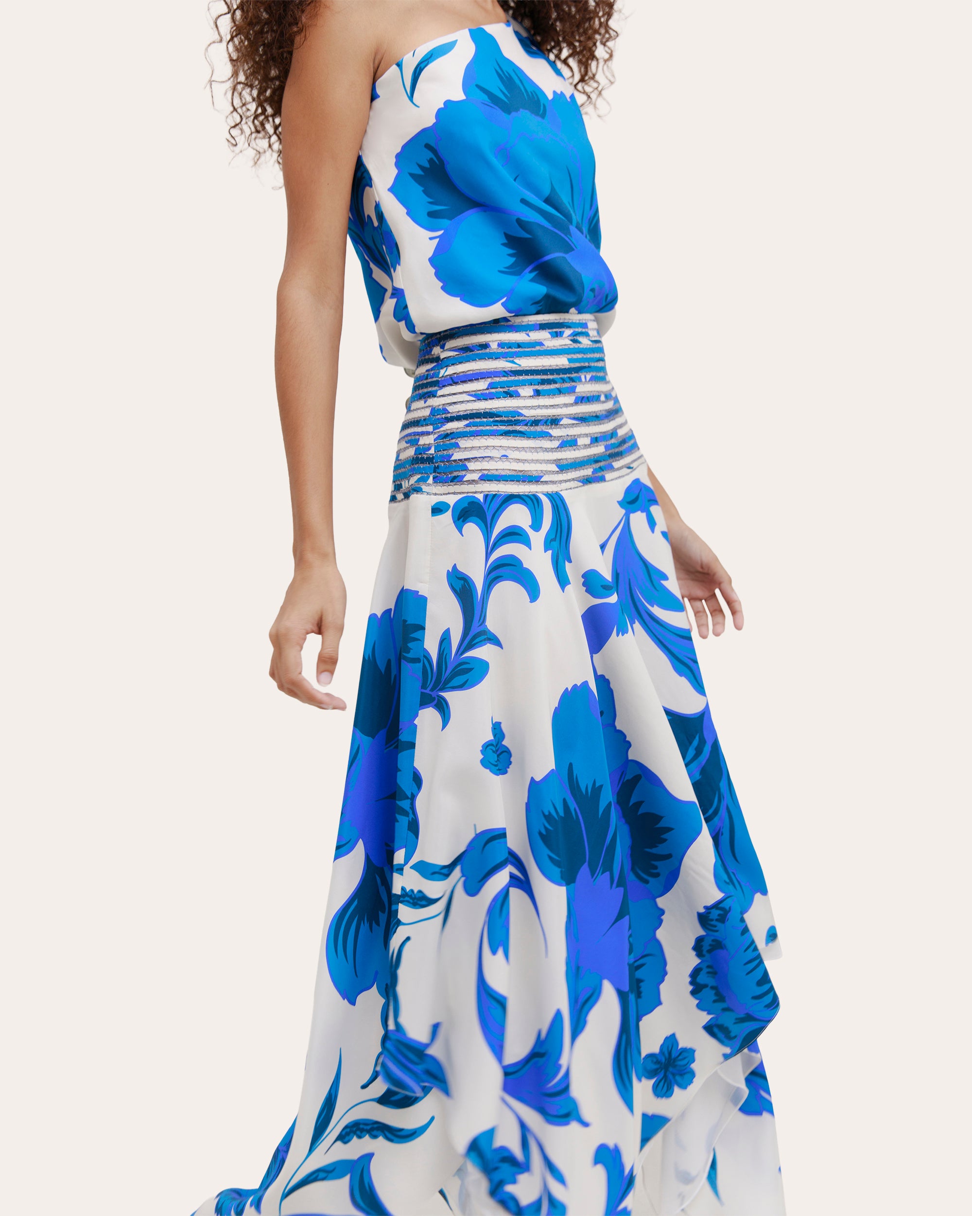 Halia Floral Silk Pata de Cabra Asymmetric Midi Dress