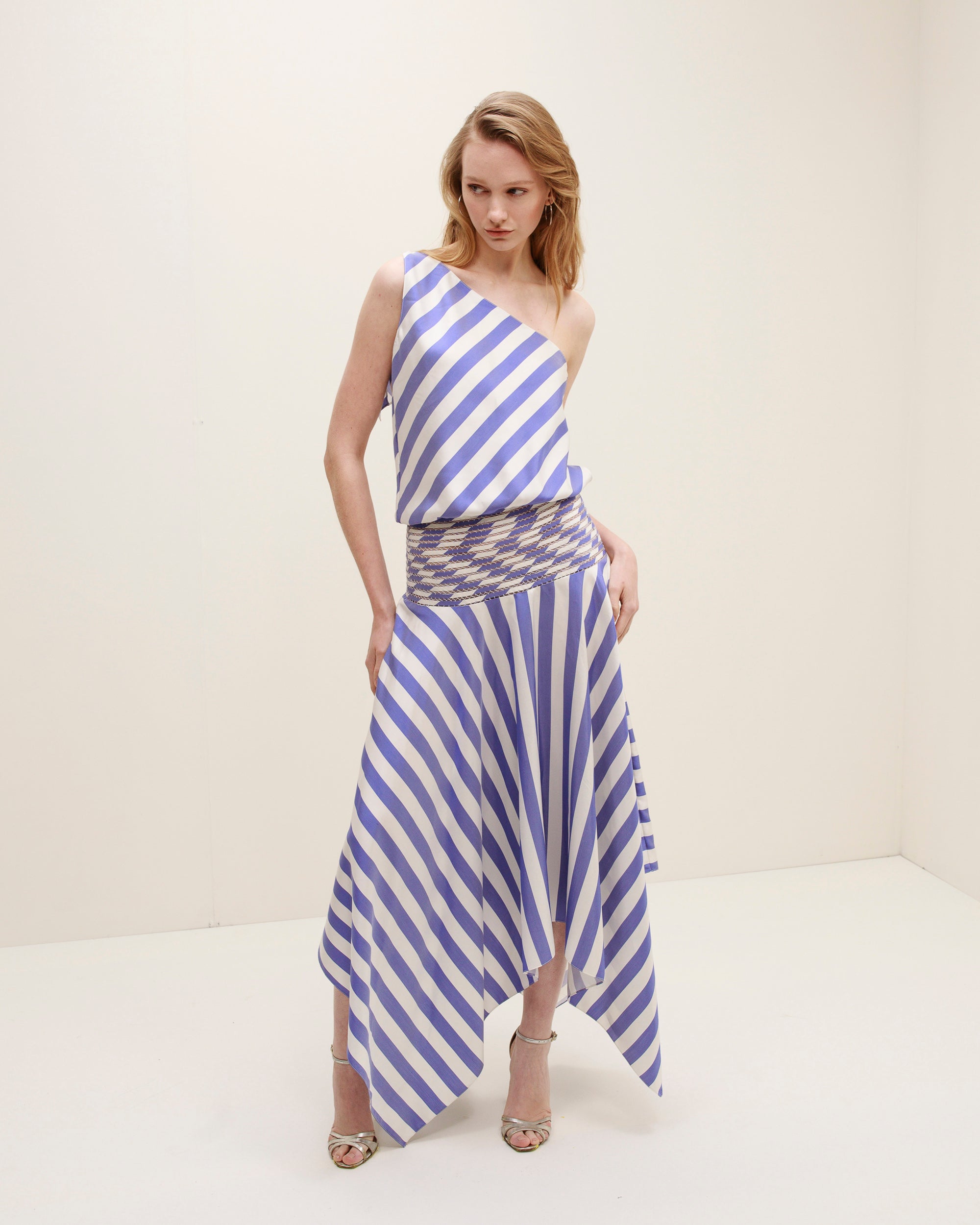 Banda Stripe Silk Asymmetric Handkerchief Dress