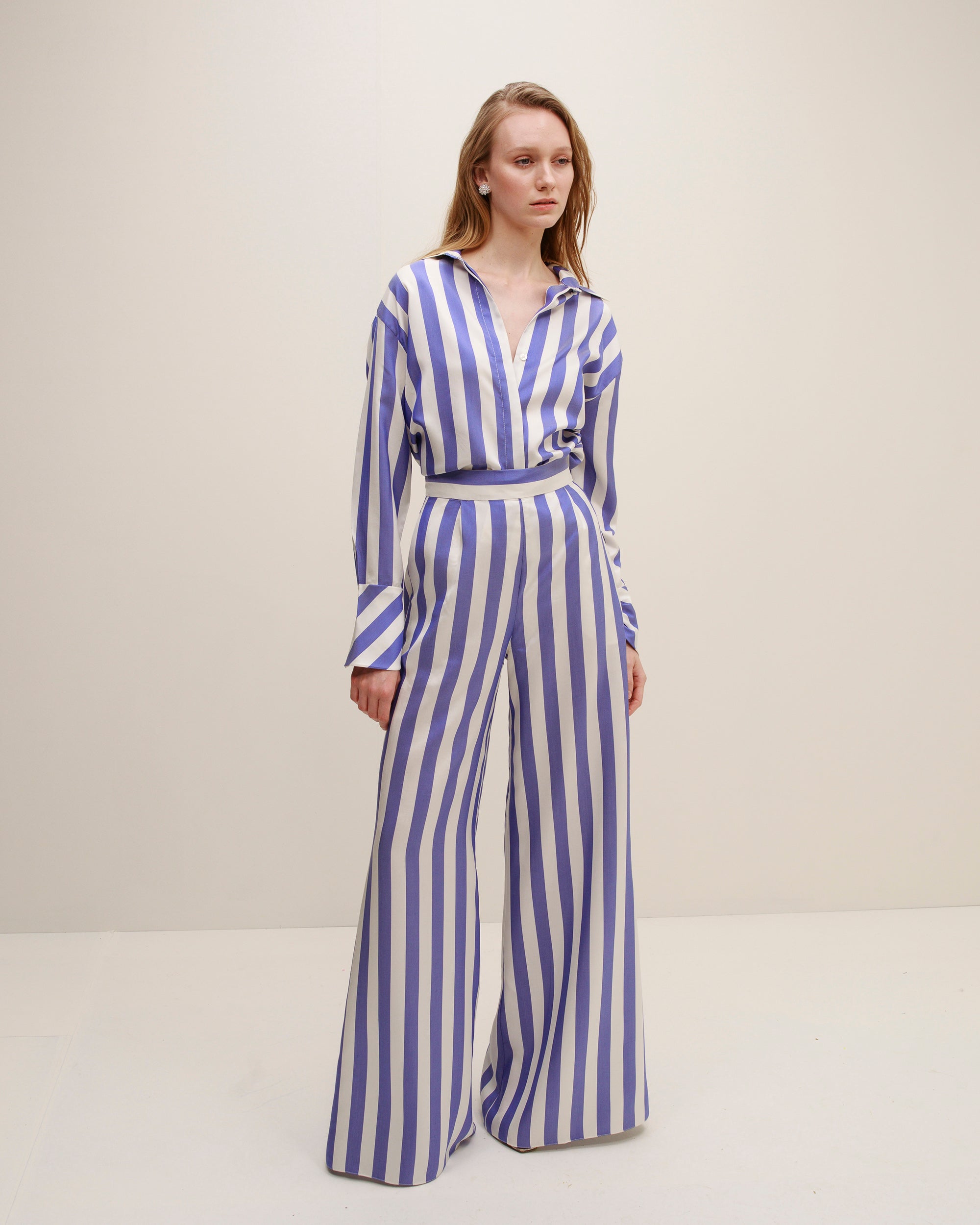 Acqua Stripe Silk Wide-Leg Pants