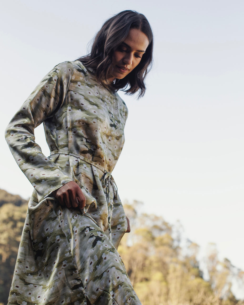 Wholesome Floral Silk Long-Sleeve Gown