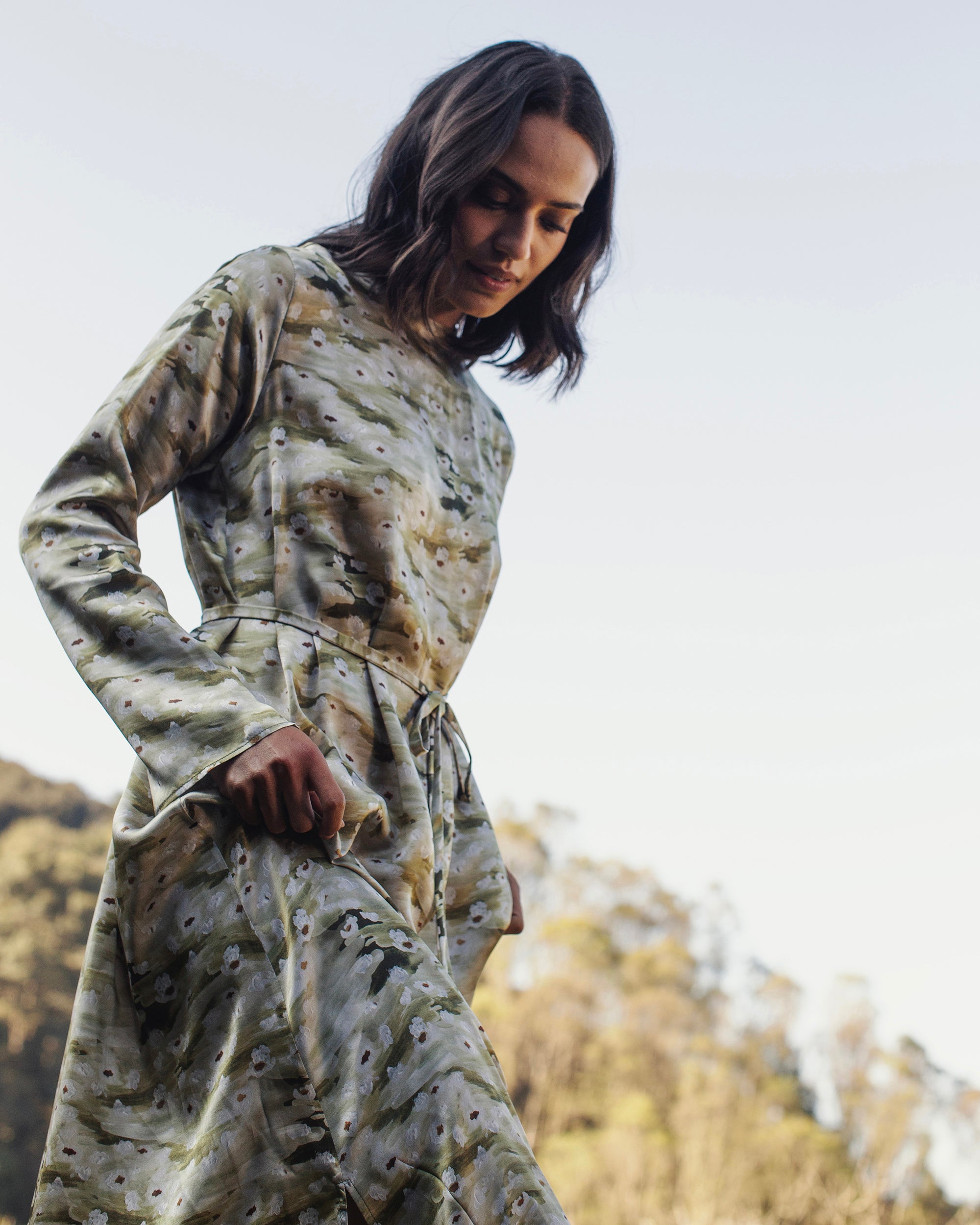 Wholesome Floral Silk Long-Sleeve Gown