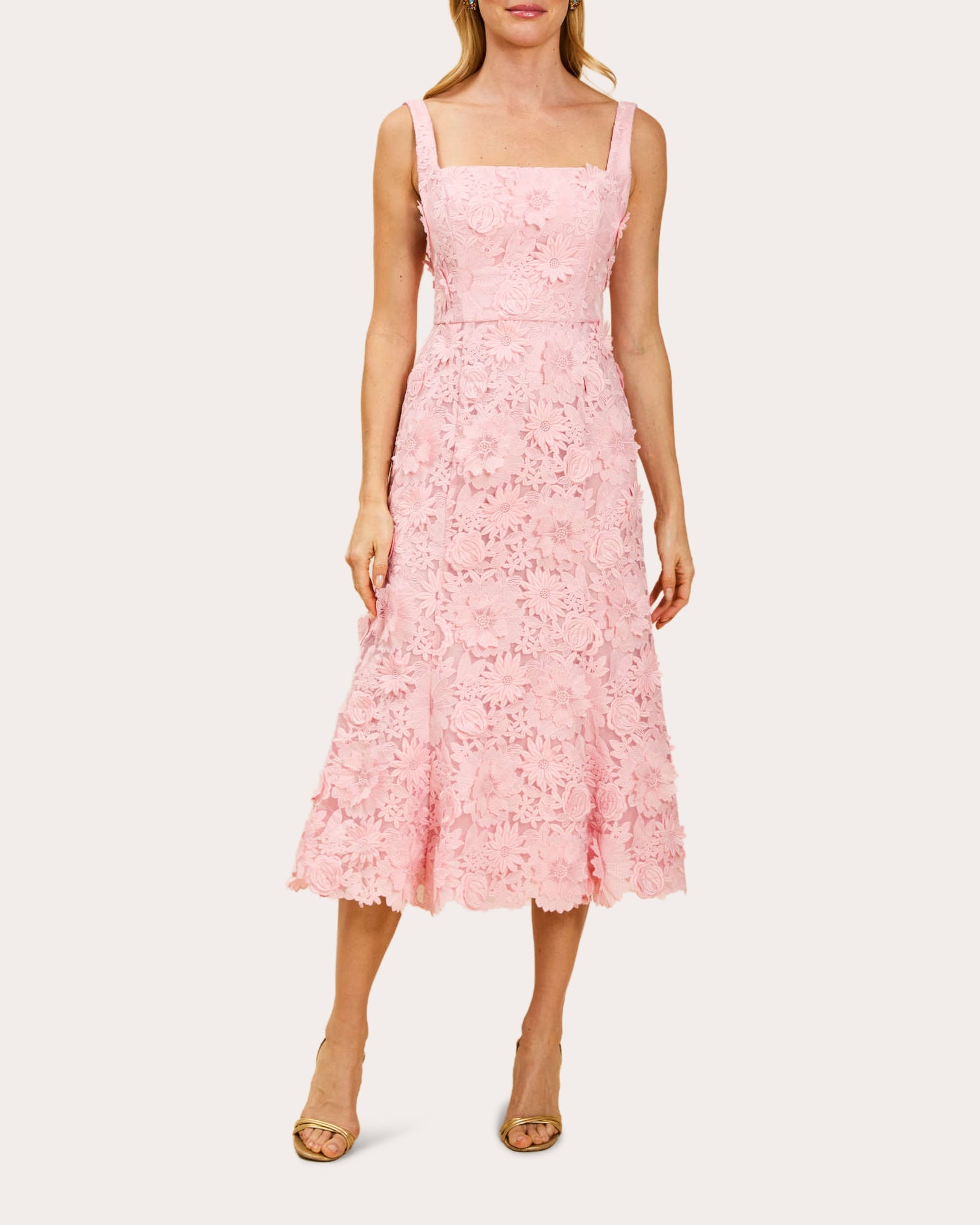 Mestiza New York Manila 3D Floral Lace Square Scalloped Neckline Sleeveless Midi Dress, Womens, 4, Blush Pink