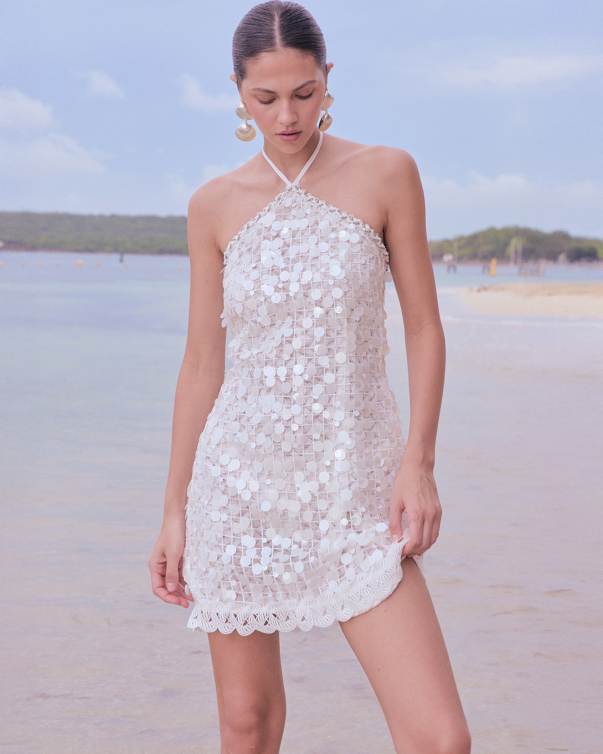 Marina Sequin Paillette Halter Mini Dress