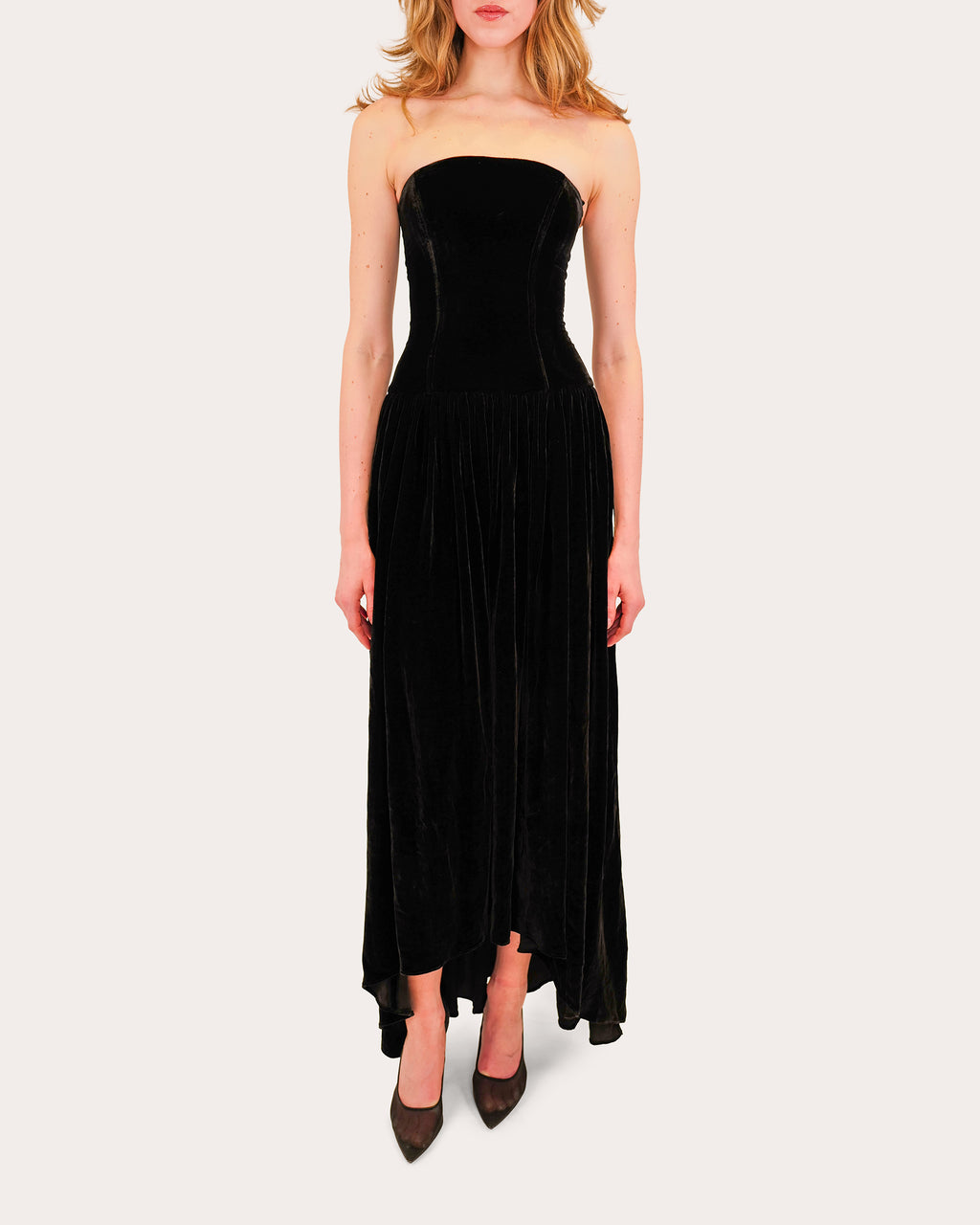 Nayara Velvet Corset High-Low Strapless Maxi Dress