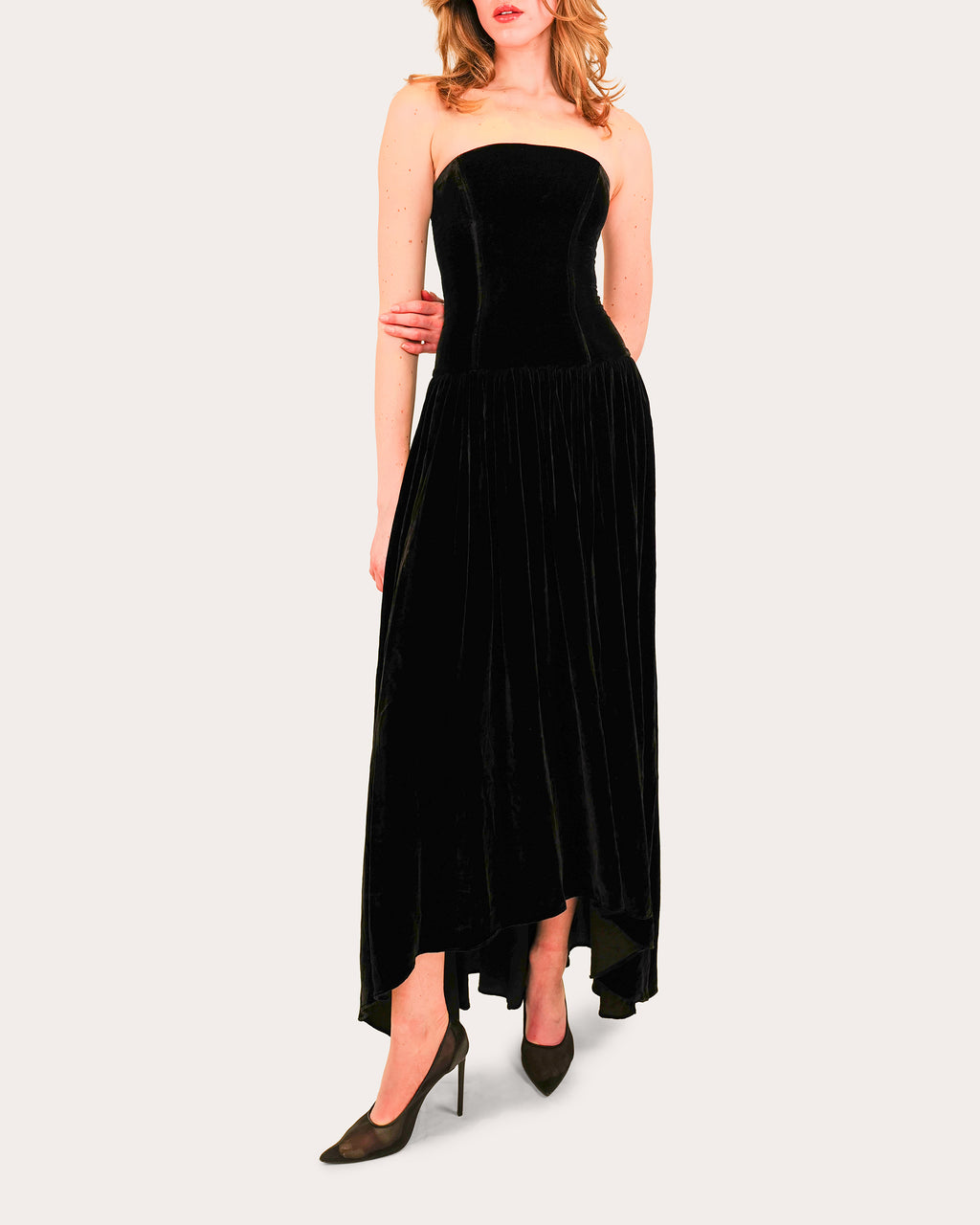 Nayara Velvet Corset High-Low Strapless Maxi Dress