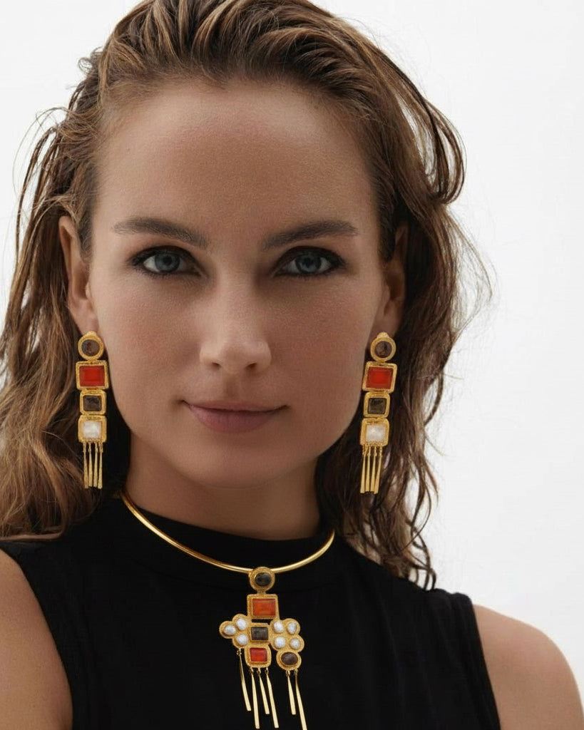 Bronzite & Moonstone Nefertiti Drop Earrings