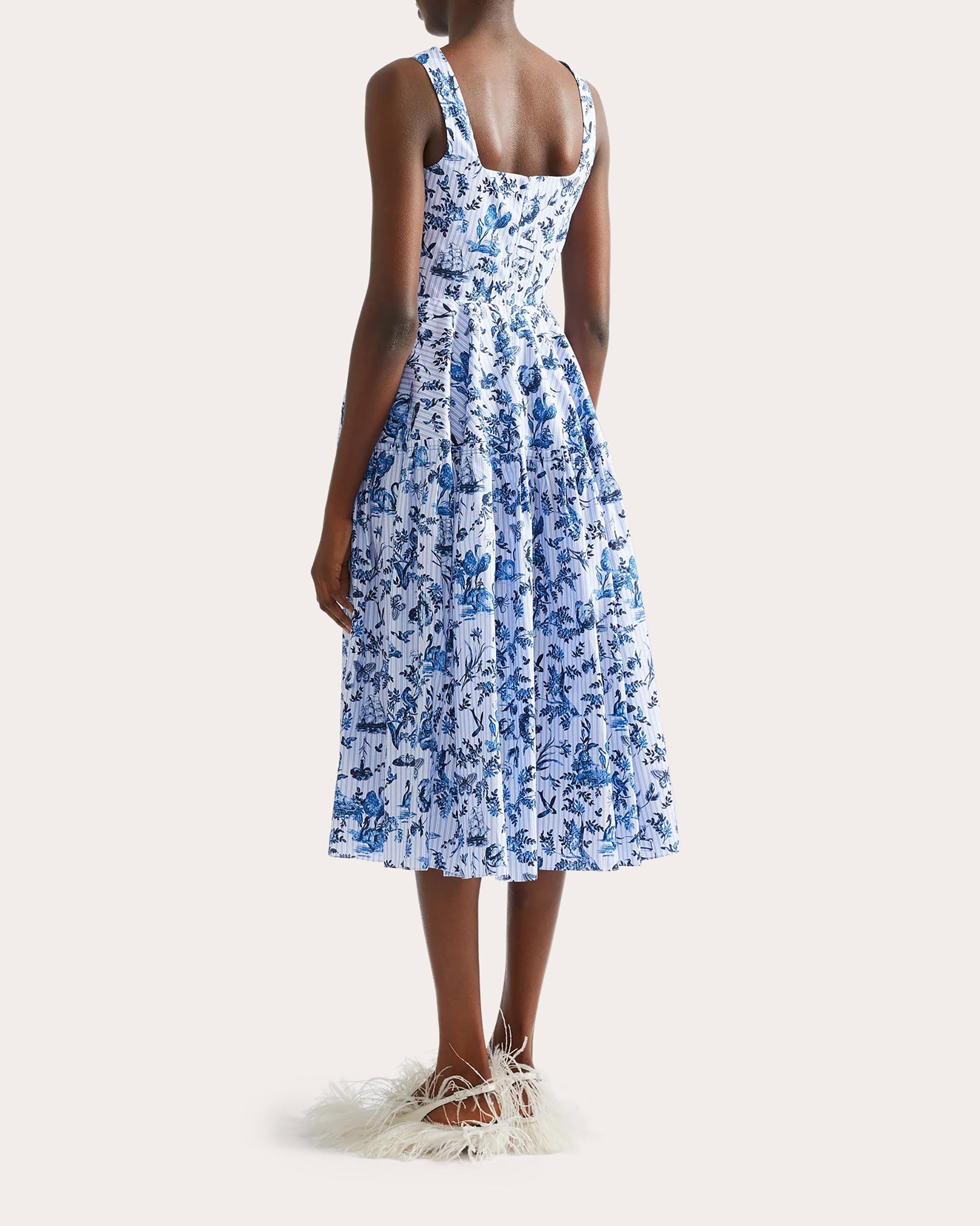 ERDEM Women's Toile Stripe Poplin Sleeveless Midi Dress in Blue Size 8 / 4