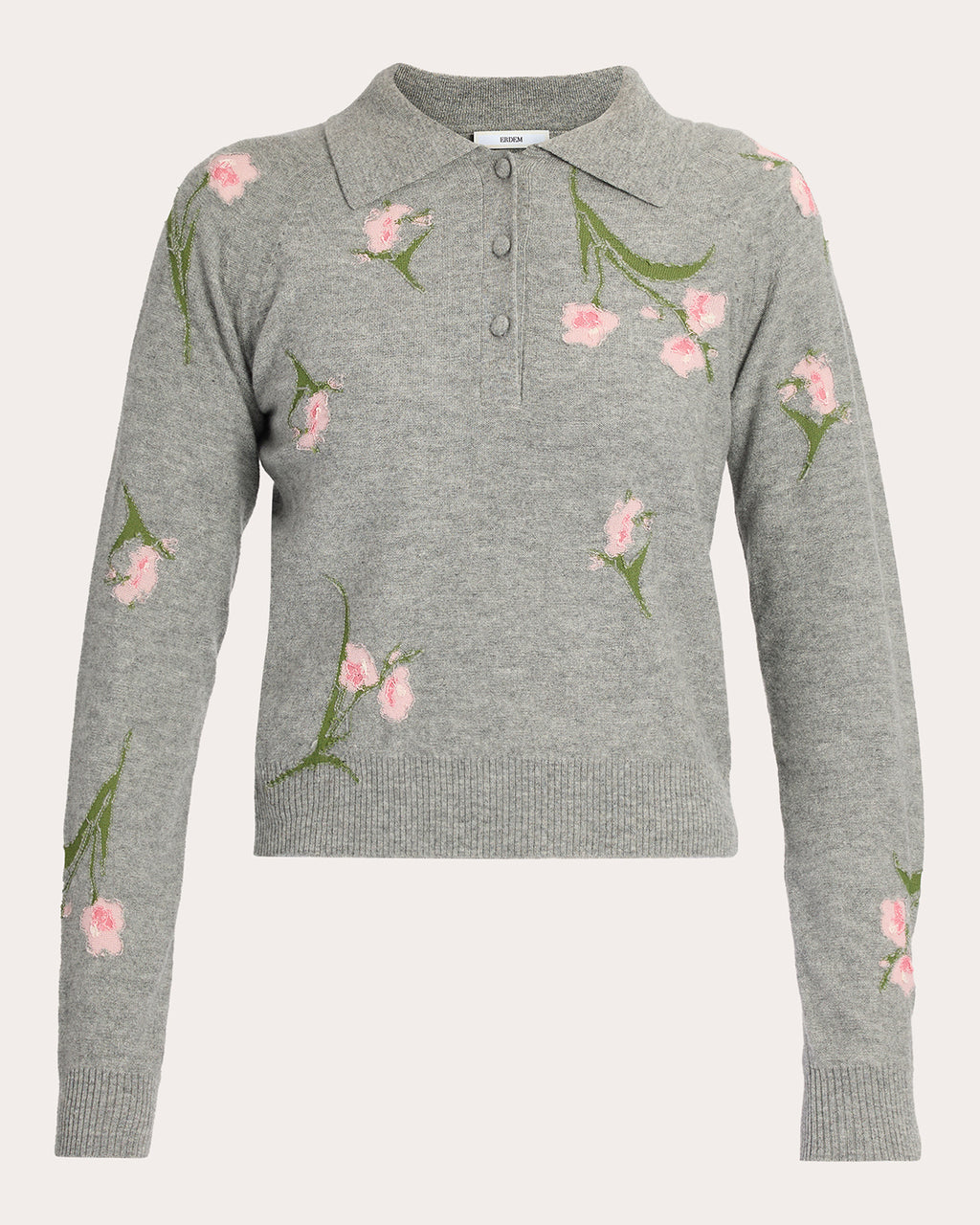 Embroidered Floral Wool Polo Sweater