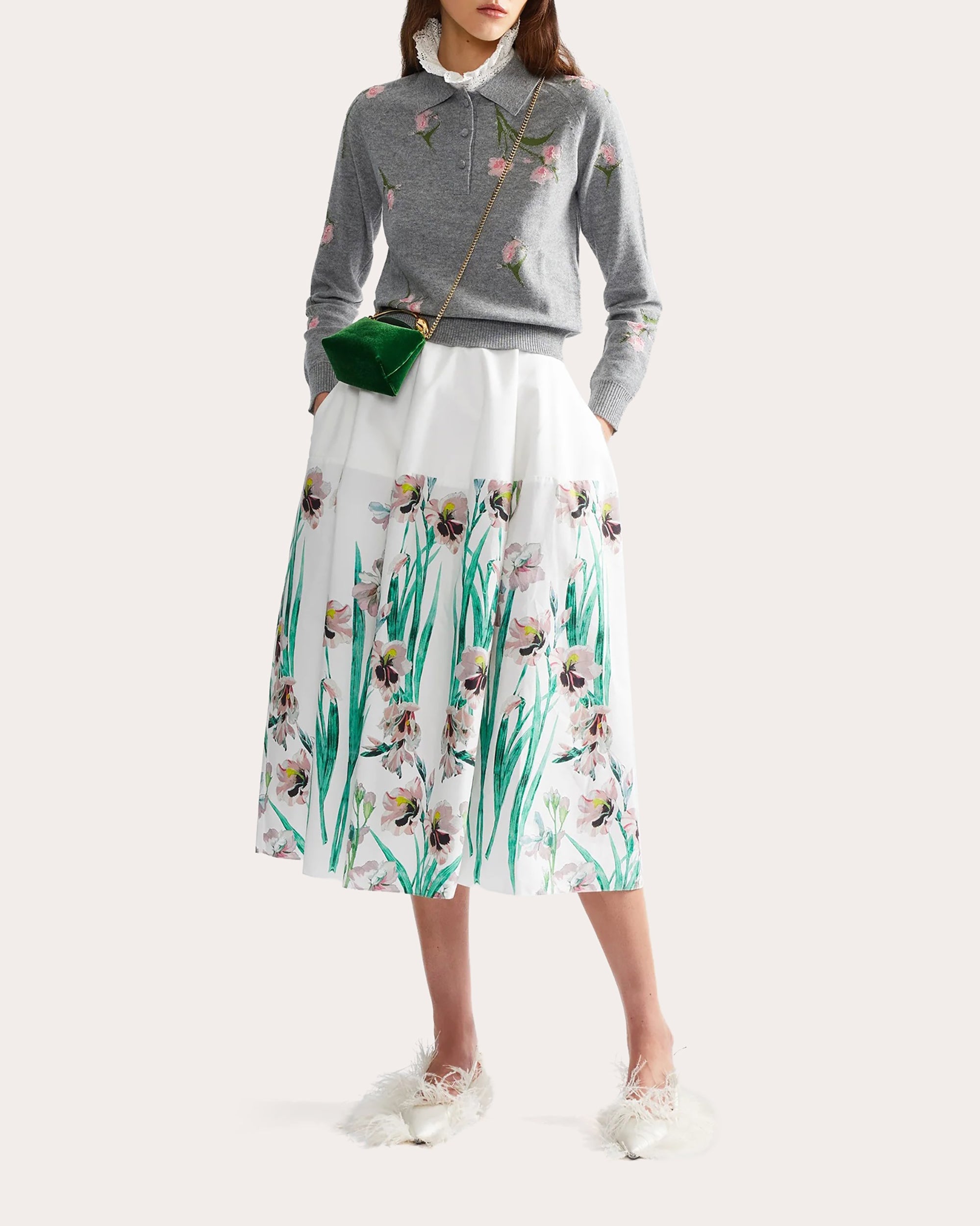 Embroidered Floral Wool Polo Sweater