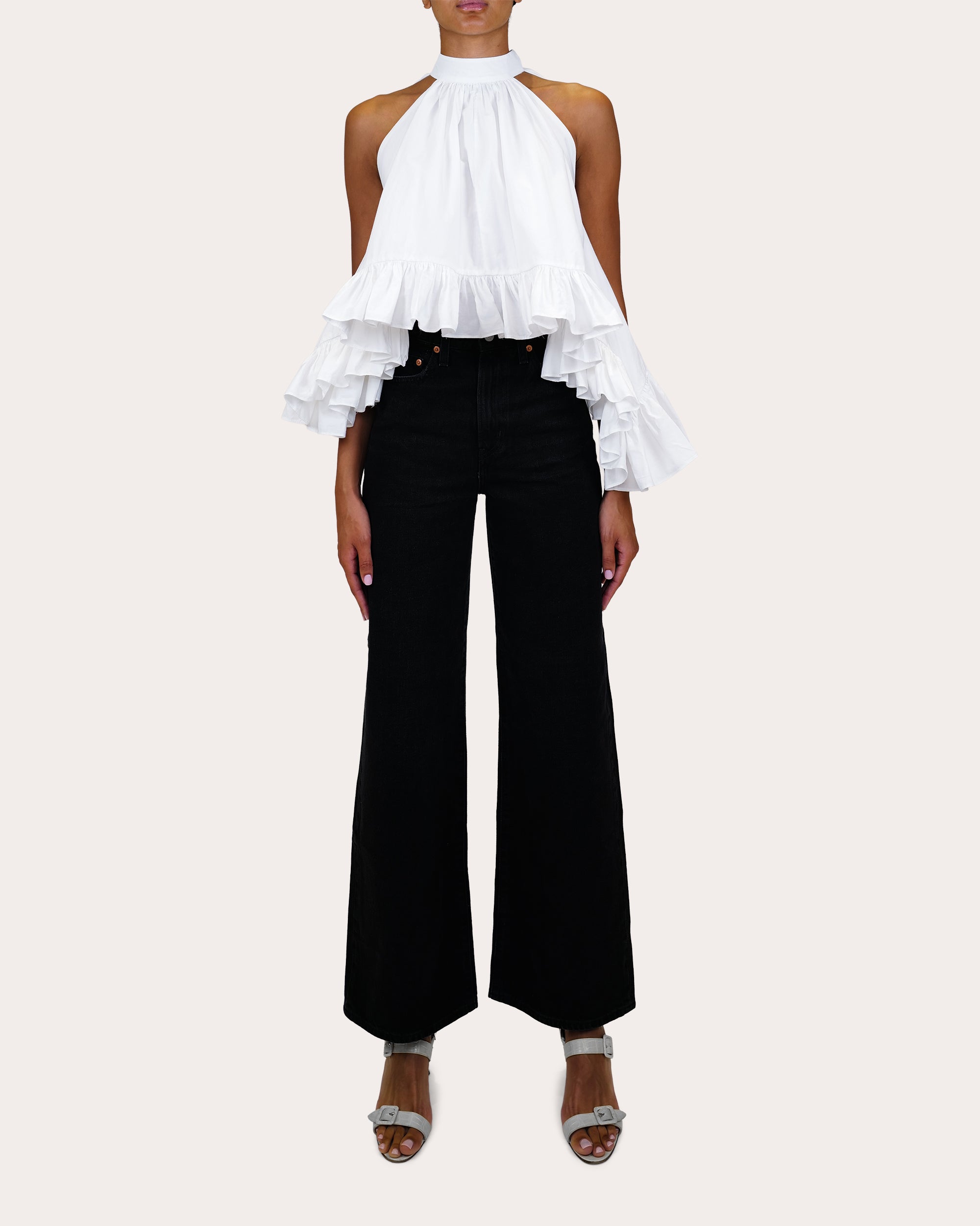 Plath Poplin Asymmetric Ruffle Halter Top | Olivela
