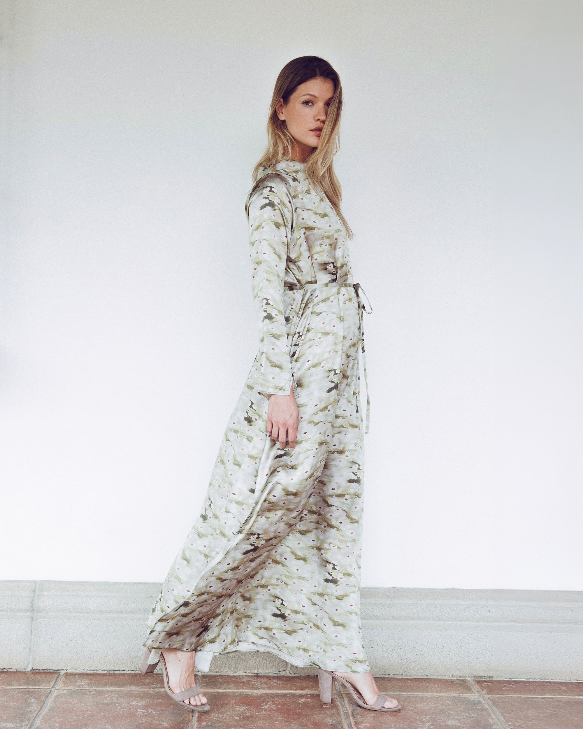 Wholesome Floral Silk Long-Sleeve Gown