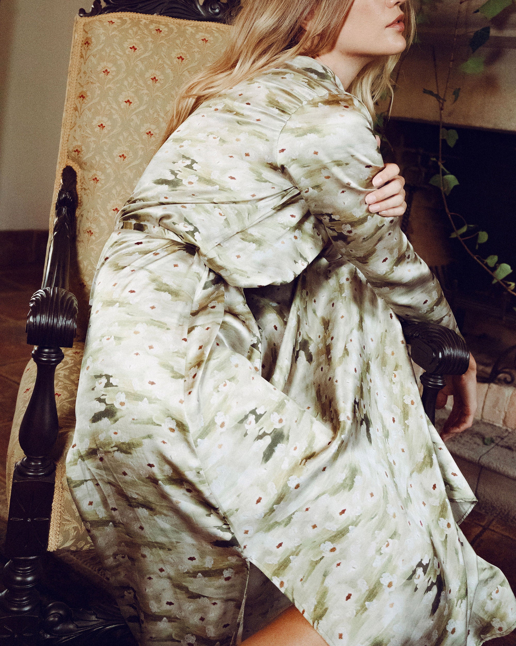 Wholesome Floral Silk Long-Sleeve Gown