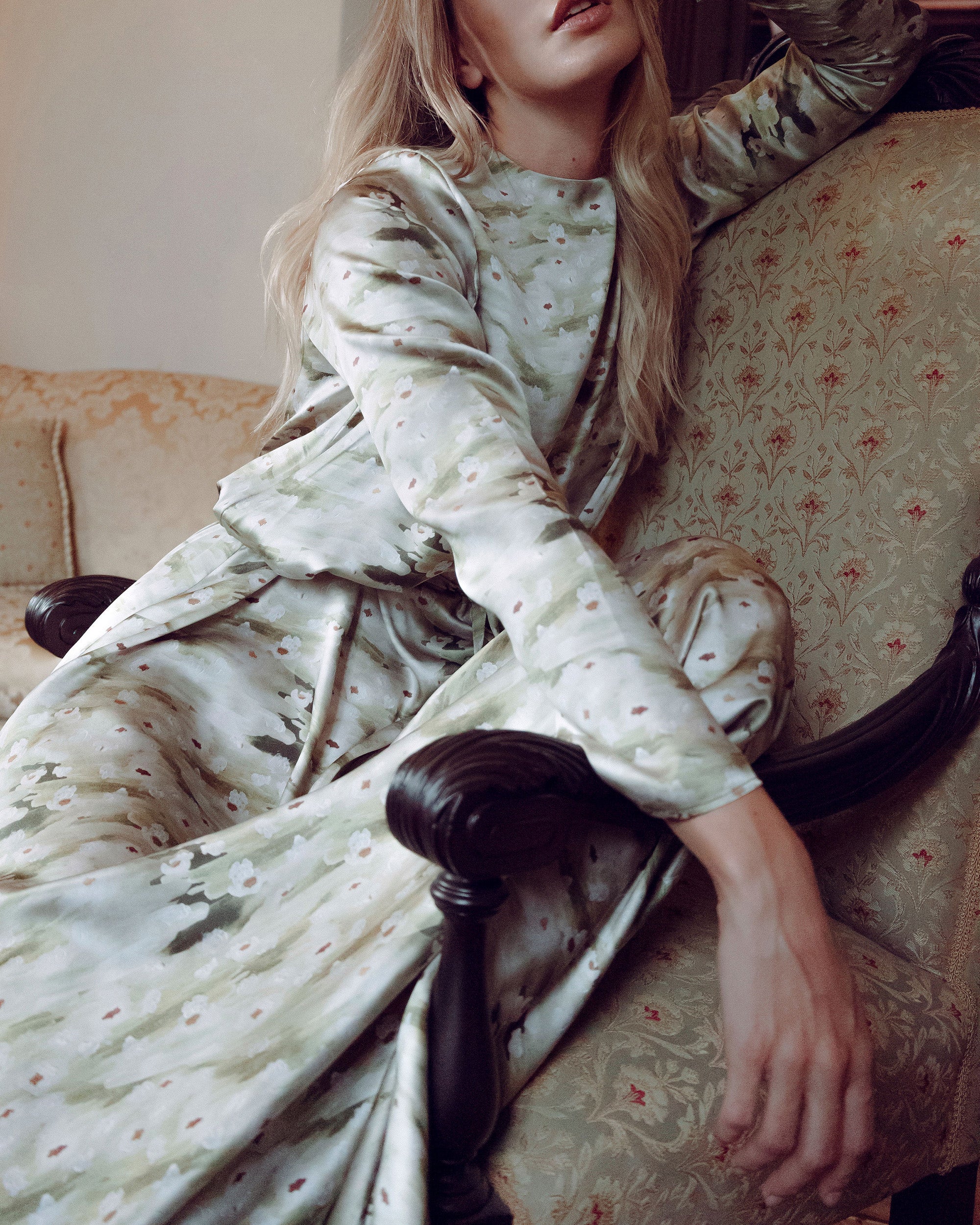 Wholesome Floral Silk Long-Sleeve Gown