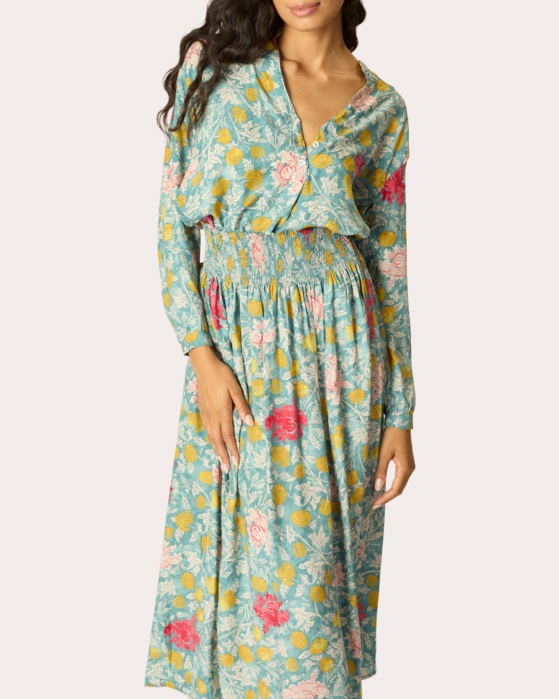 Bella Floral Silk Smocked Midi Skirt
