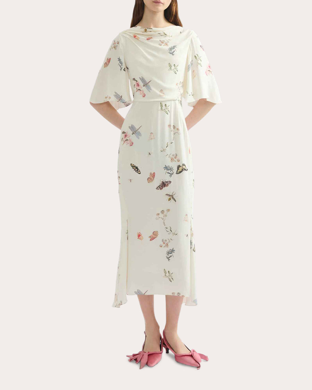 Floral Crepe Draped Flutter-Sleeve Midi Dress