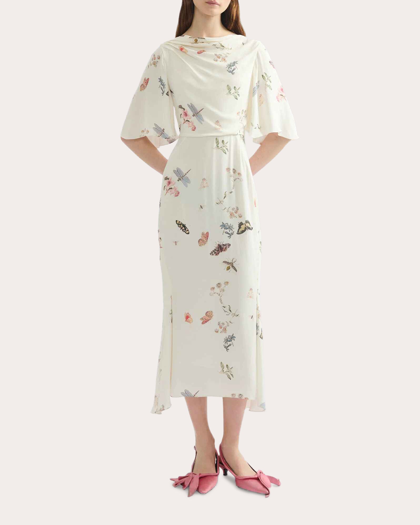 Floral Crepe Draped Flutter-Sleeve Midi Dress