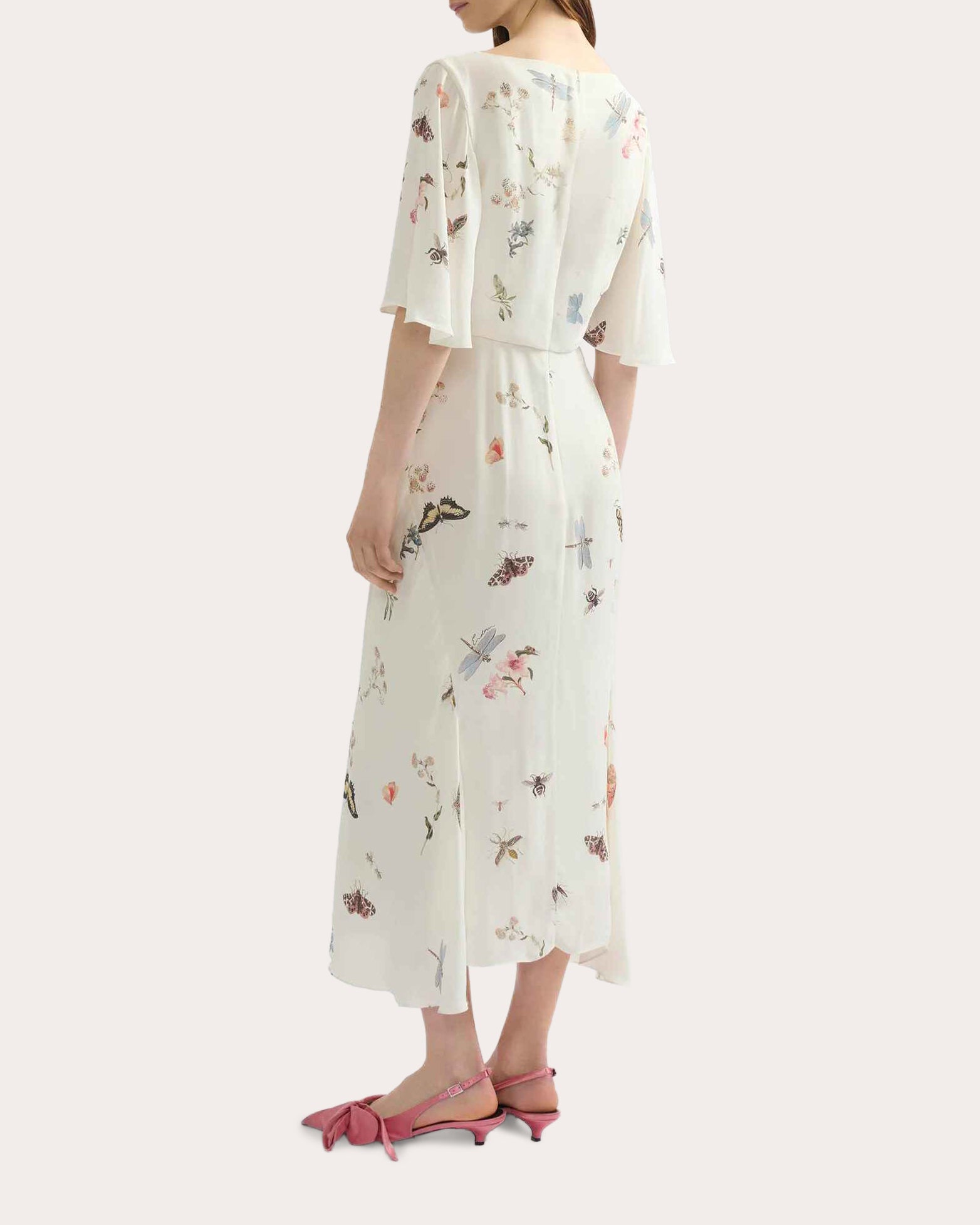 Floral Crepe Draped Flutter-Sleeve Midi Dress