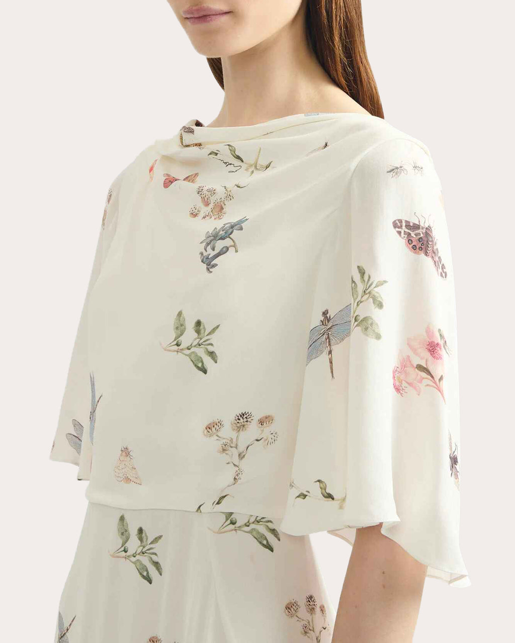 Floral Crepe Draped Flutter-Sleeve Midi Dress