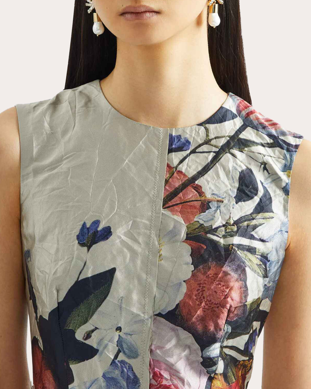 Floral Crushed Satin Sleeveless Cocktail Dress