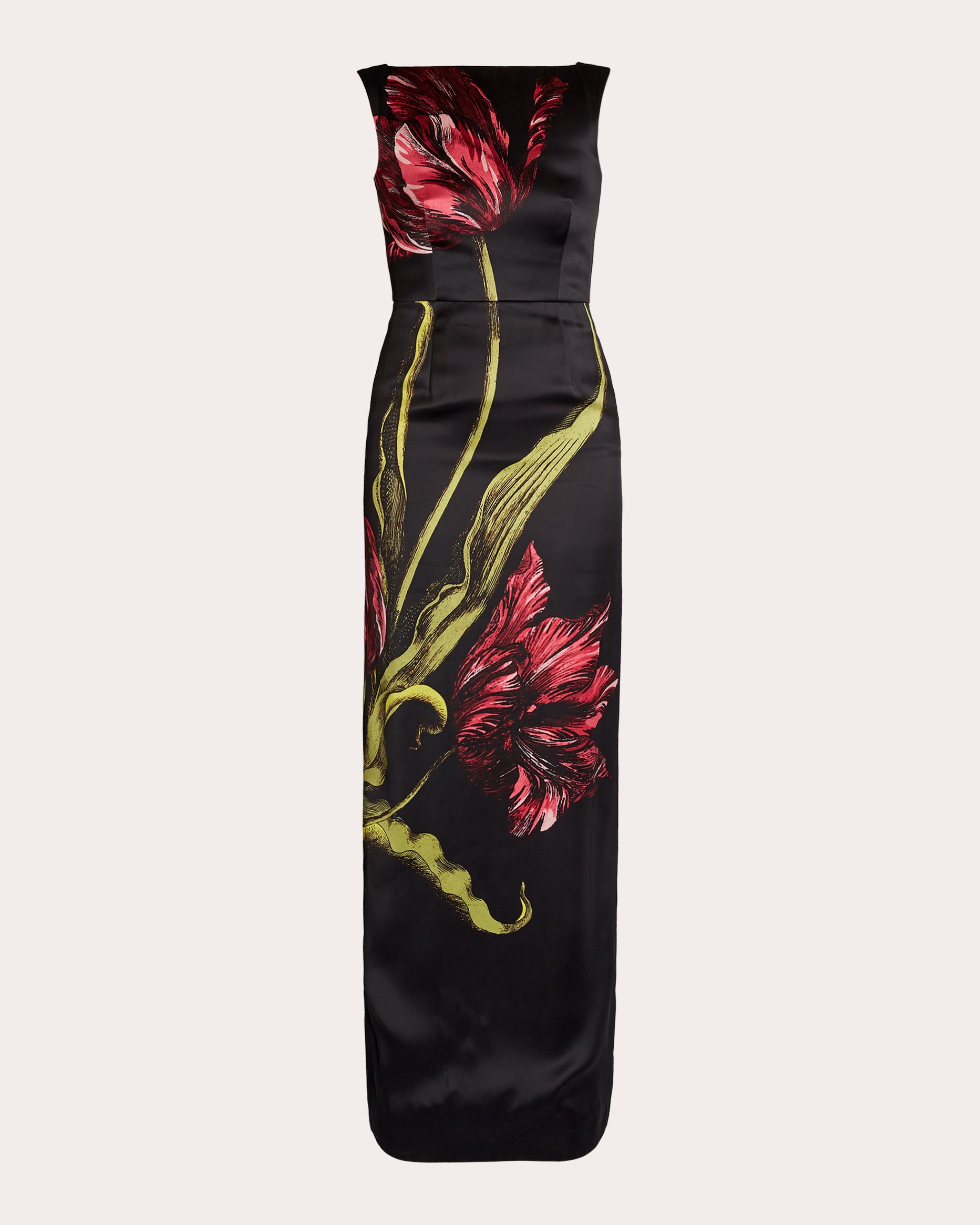 Floral Satin Sleeveless Boatneck Gown