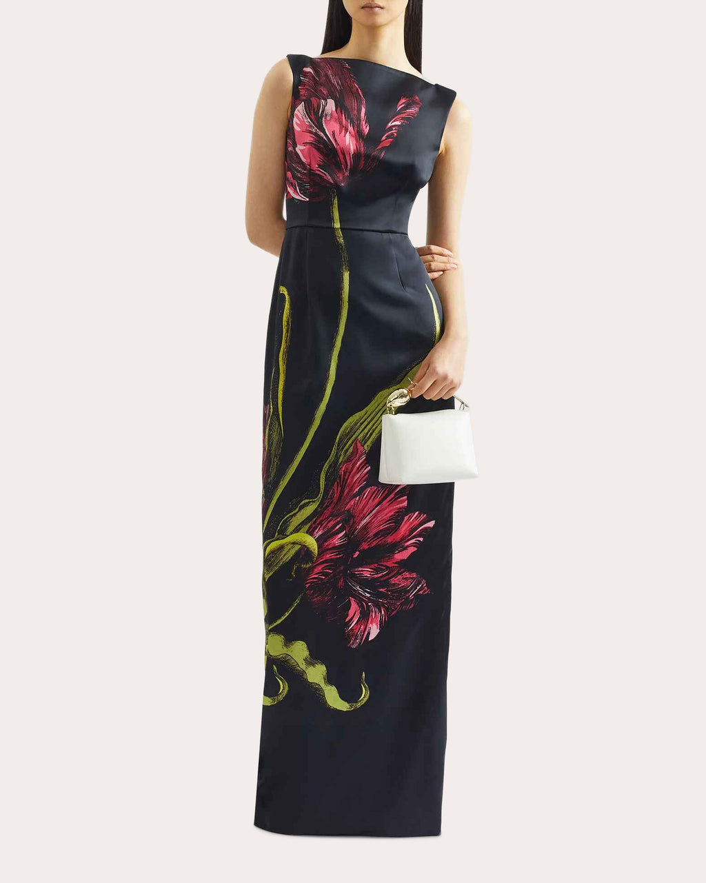 Floral Satin Sleeveless Boatneck Gown