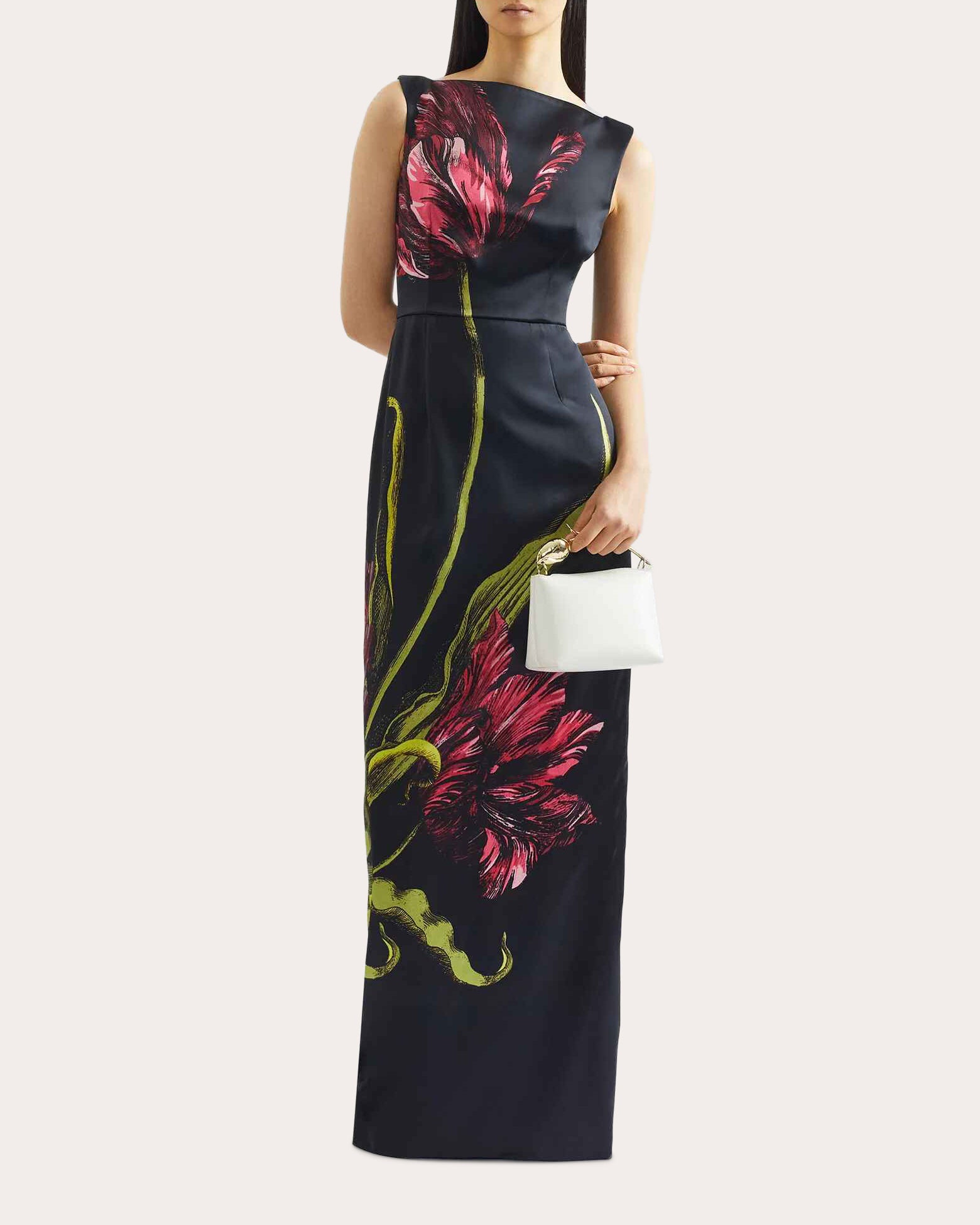 Floral Satin Sleeveless Boatneck Gown