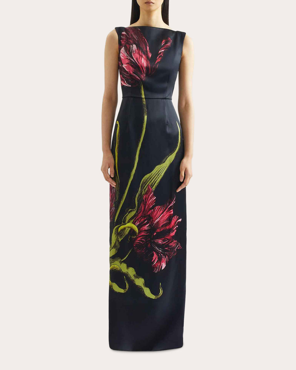 Floral Satin Sleeveless Boatneck Gown