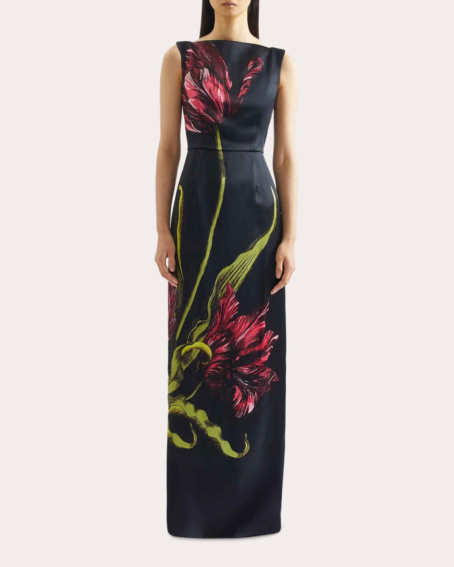 Floral Satin Sleeveless Boatneck Gown