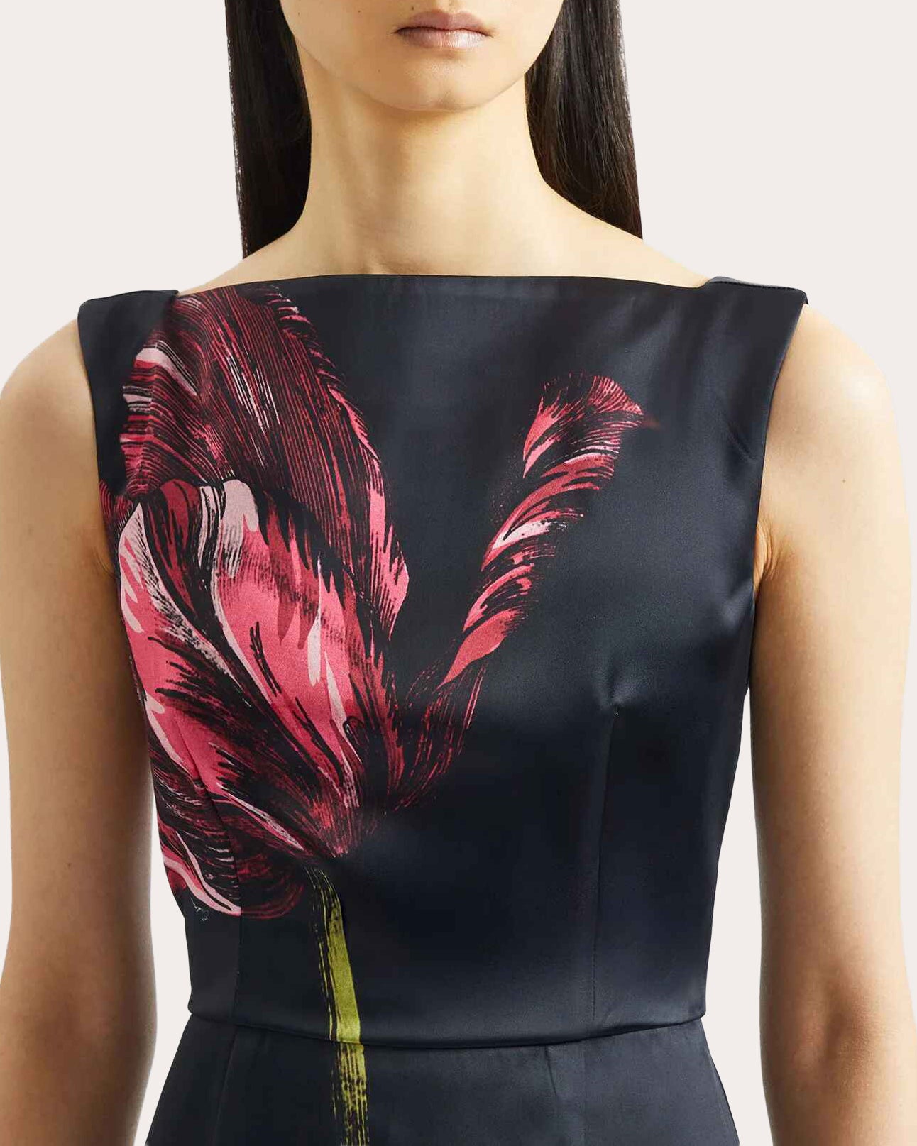 Floral Satin Sleeveless Boatneck Gown