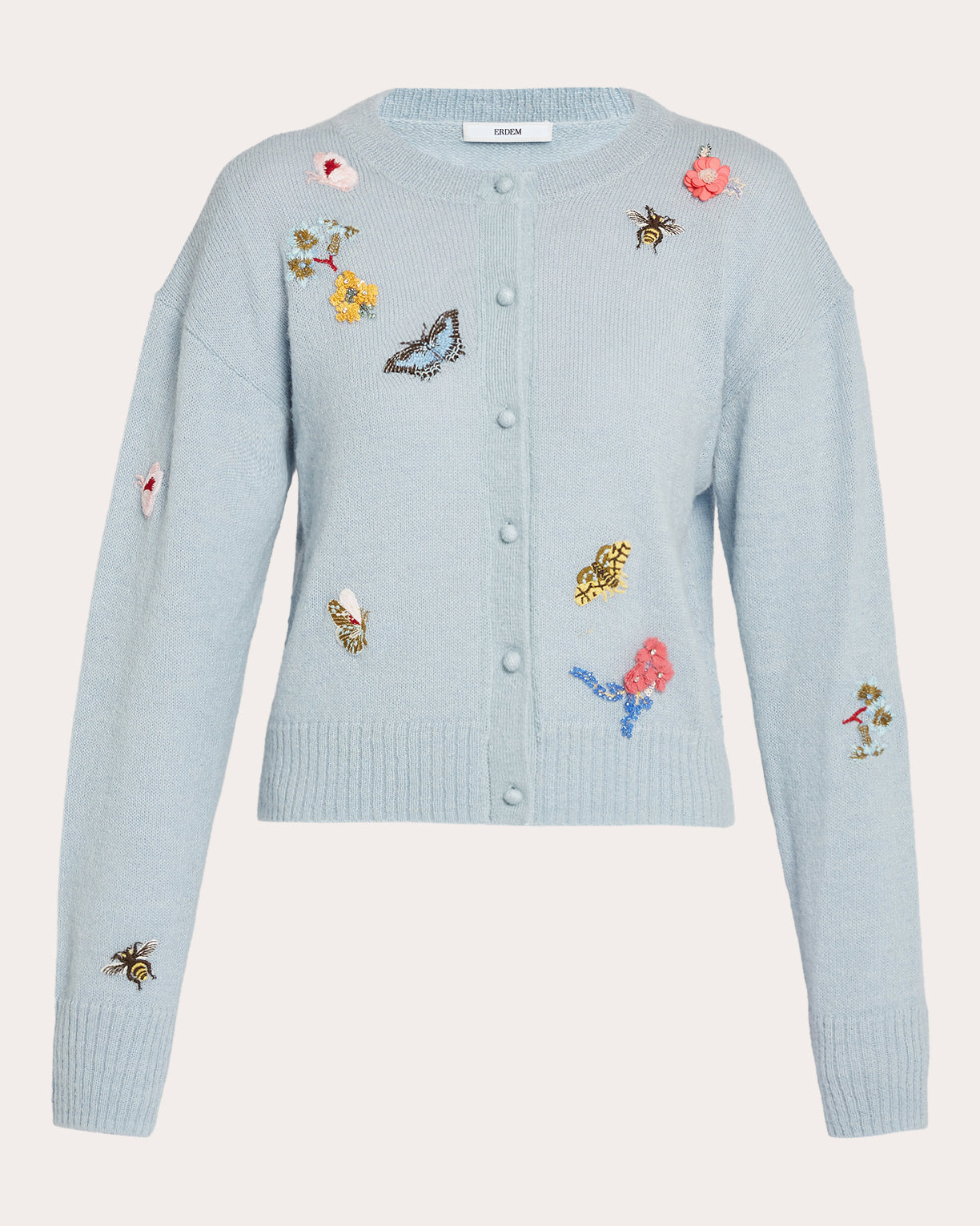 Embroidered Wool Crewneck Cardigan