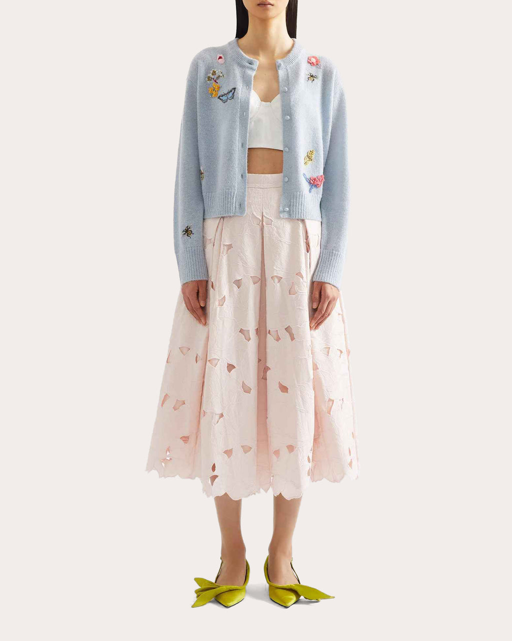 Embroidered Wool Crewneck Cardigan