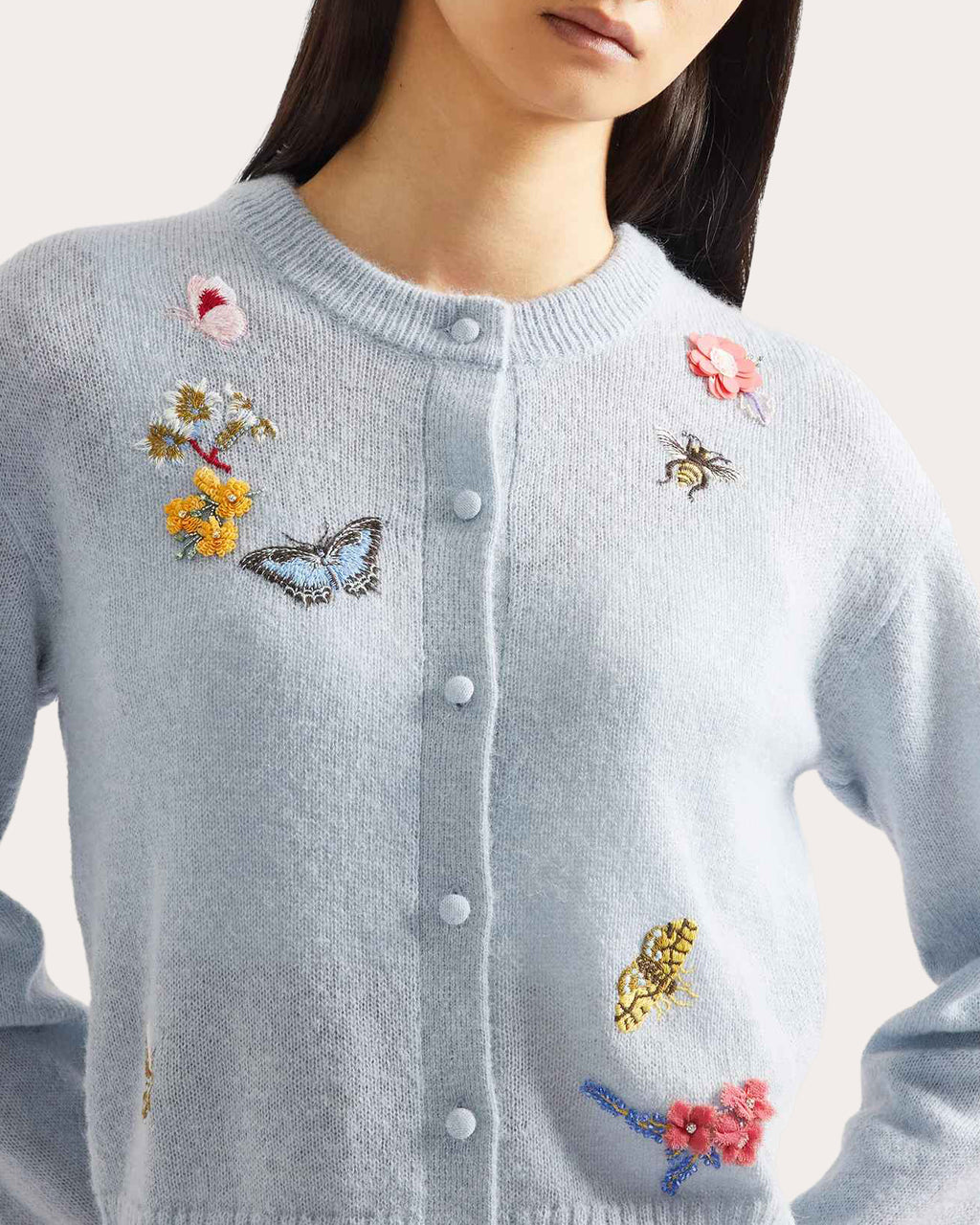Embroidered Wool Crewneck Cardigan
