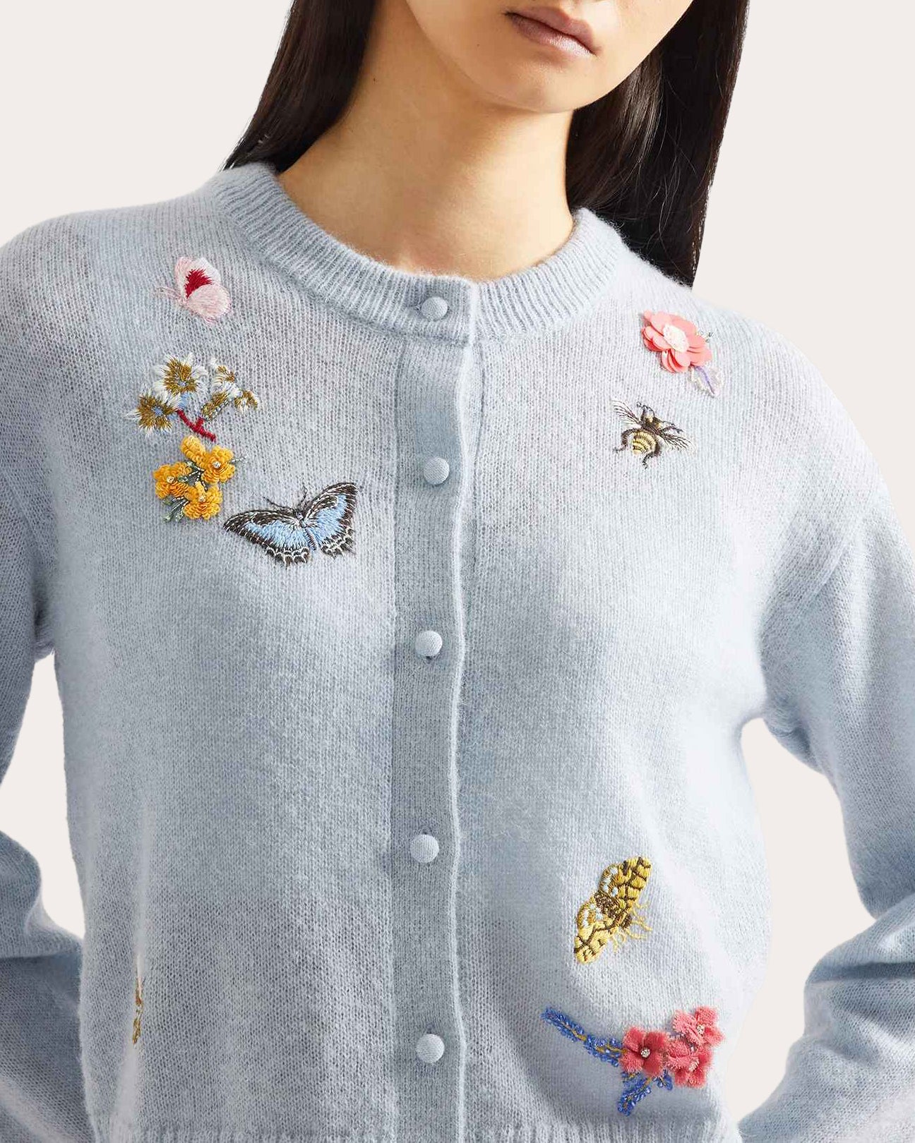 Embroidered Wool Crewneck Cardigan