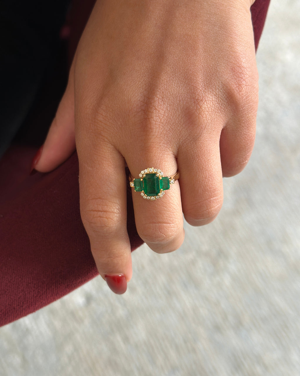 Emerald & Diamond G-One Tri-Stone Ring