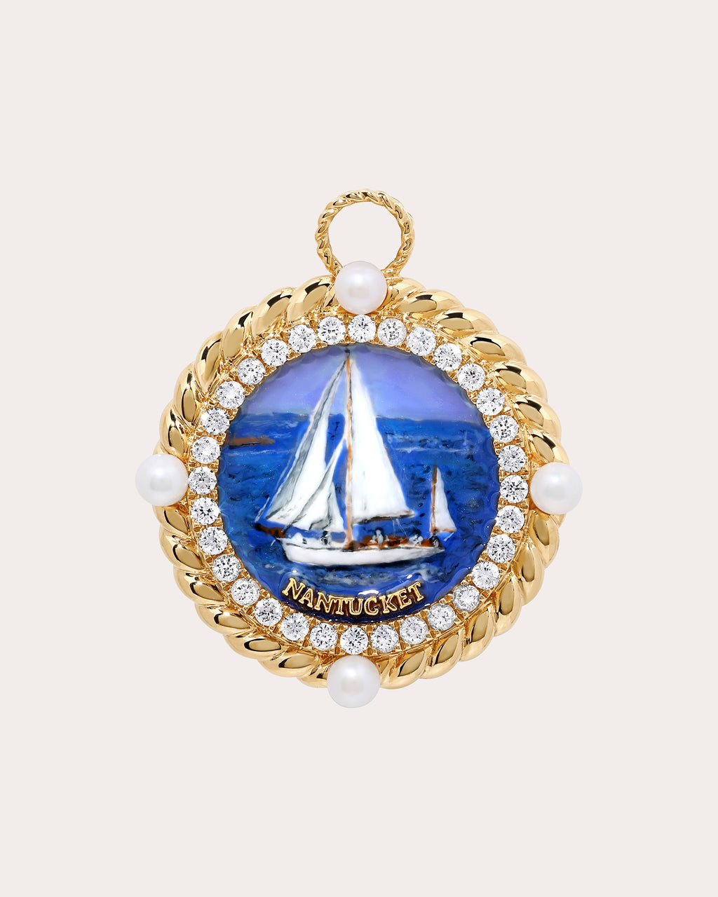 Nantucket Postcard 18K Gold Enamel Pearl and Diamond Pendant