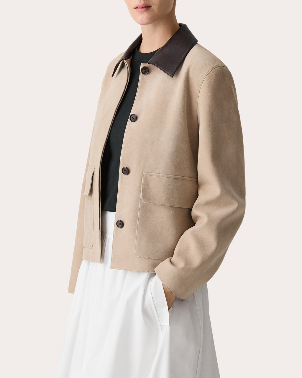 Suede Leather Combo Boxy Collared Jacket